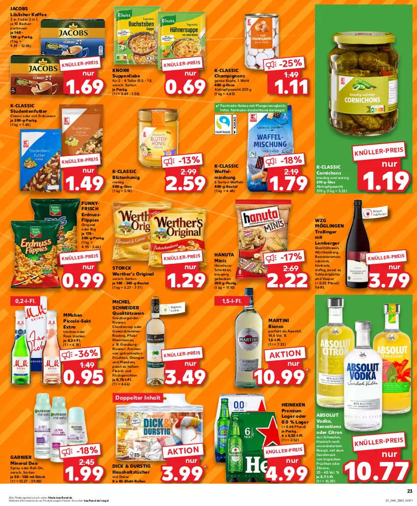 Aktueller Prospekt Kaufland - Prospekt - von 02.11 bis 08.11.2023 - strona 23 - produkty: Absolut Vodka, angebot, angebote, aperitif, Becher, beere, beeren, Berger, beutel, Blüte, blütenhonig, burgunder, champignon, champignons, chardonnay, deo, deo spray, eis, elle, ente, erdnuss, erdnüsse, erdnüssen, fisch, fleisch, flippies, früchte, früchten, garnier, geback, gewürz, gin, grauburgunder, hanuta, haselnuss, haushaltstücher, heineken, honig, jacobs, kaffee, kakao, knorr, latte, löslicher kaffee, mac, mandel, mandeln, martini, Michel Schneider, nuss, orange, orangen, qualitätswein, rezept, riesling, Rivaner, roll-on, rotwein, Rubin, schnitten, sekt, sensations, storck, studentenfutter, suppe, suppen, suppenliebe, teller, Ti, trolli, trollinger, tücher, vodka, waffeln, wein, Weißwein, werther's, zitrone