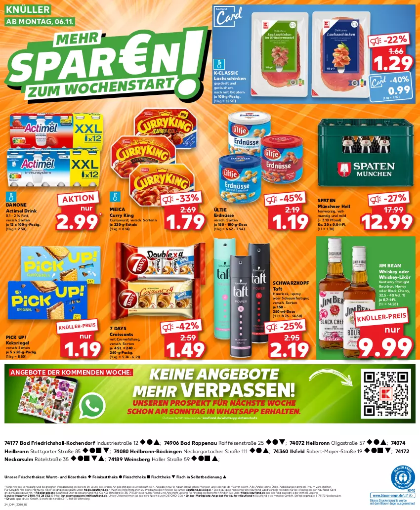 Aktueller Prospekt Kaufland - Prospekt - von 02.11 bis 08.11.2023 - strona 24 - produkty: actimel, actimel drink, angebot, angebote, arla, Astra, Bad, bio, bourbon, creme, Croissant, croissants, curry, currywurst, danone, danone actimel drink, drink, drucker, eis, Engel, erde, erdnüsse, feinkost, feinkosttheke, fisch, fischtheke, fleisch, Haarlack, jim beam, Käse, käsetheke, keks, kentucky straight, kerze, kräuter, kräutern, lachs, lachsschinken, lack, LG, likör, meica, oder schaumfestiger, Pick Up!, riegel, Schal, Schale, schaumfestiger, schinken, schwarzkop, schwarzkopf, Spaten, Taft, Ti, tuc, ültje, ültje erdnüsse, wein, whiskey, wurst, ZTE