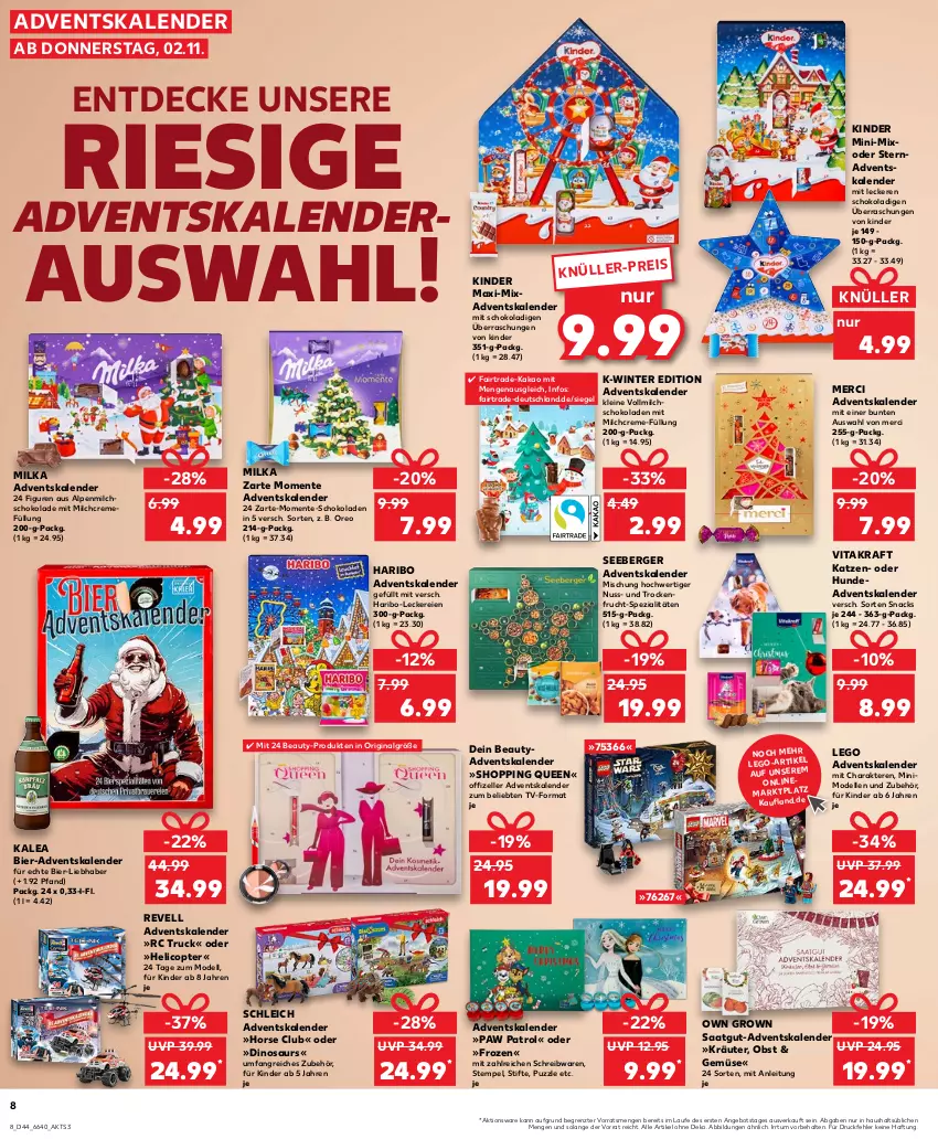 Aktueller Prospekt Kaufland - Prospekt - von 02.11 bis 08.11.2023 - strona 8 - produkty: Adventskalender, alpenmilch, angebot, Berger, bier, creme, decke, dell, eis, elle, ente, frucht, gin, haribo, kakao, Kinder, Kinder Maxi, kraft, kräuter, leine, LG, merci, milch, milka, Mixa, Mode, nuss, obst, oreo, Paw Patrol, Puzzle, Schleich, schoko, schokolade, schokoladen, schreibwaren, seeberger, snack, snacks, Spezi, stifte, Ti, vita, vitakraft, vollmilch, ZTE