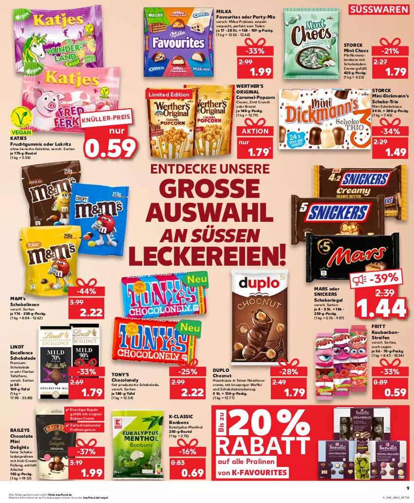 Aktueller Prospekt Kaufland - Prospekt - von 02.11 bis 08.11.2023 - strona 9 - produkty: alkohol, angebot, angebote, baileys, beutel, bonbons, brezel, caramel, cola, creme, decke, Dickmann's, duplo, eis, elle, frucht, fruchtgummi, fruchtgummis, gelatine, gin, haselnuss, Haselnusscreme, katjes, Kugel, Lakritz, lindt, linsen, mars, milka, mint, nuss, oder lakritz, pfeffer, popcorn, pralinen, reifen, riegel, schoko, schokolade, schokoladen, Schokolinsen, schokoriegel, snickers, storck, süsswaren, Ti, werther's