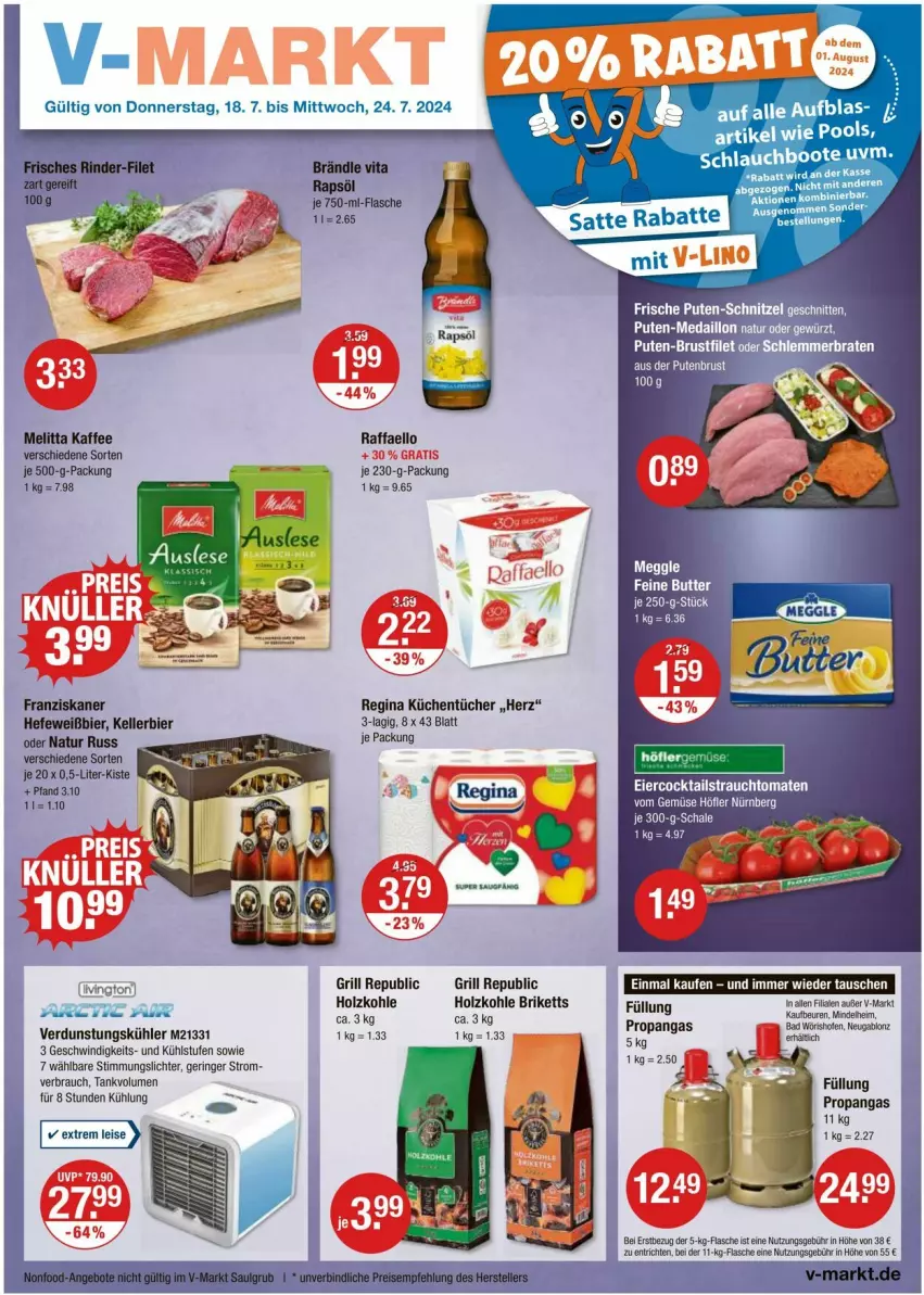 Aktueller Prospekt Vmarkt - Prospekte - von 18.07 bis 24.07.2024 - strona 1 - produkty: bier, braten, briketts, brustfilet, butter, cocktail, cocktails, eier, elle, filet, flasche, franziskaner, gewürz, gin, grill, Hefe, Holz, holzkohle, kaffee, kellerbier, küche, Küchen, küchentücher, melitta, natur, pute, putenbrust, raffaello, Rauch, ring, schlauch, schnitten, schnitzel, strauchtomaten, tee, Ti, tomate, tomaten, tücher