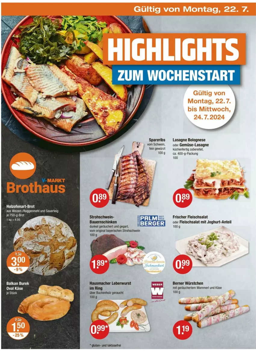 Aktueller Prospekt Vmarkt - Prospekte - von 18.07 bis 24.07.2024 - strona 18 - produkty: auer, Berger, bolognese, brot, buch, Burek, eis, fleisch, fleischsalat, gewürz, gin, Hausmacher, Holz, joghur, joghurt, Käse, küche, Küchen, lasagne, leberwurst, mac, mehl, merl, Ofen, Rauch, ring, salat, schwein, spareribs, Ti, wein, wurst, würstchen