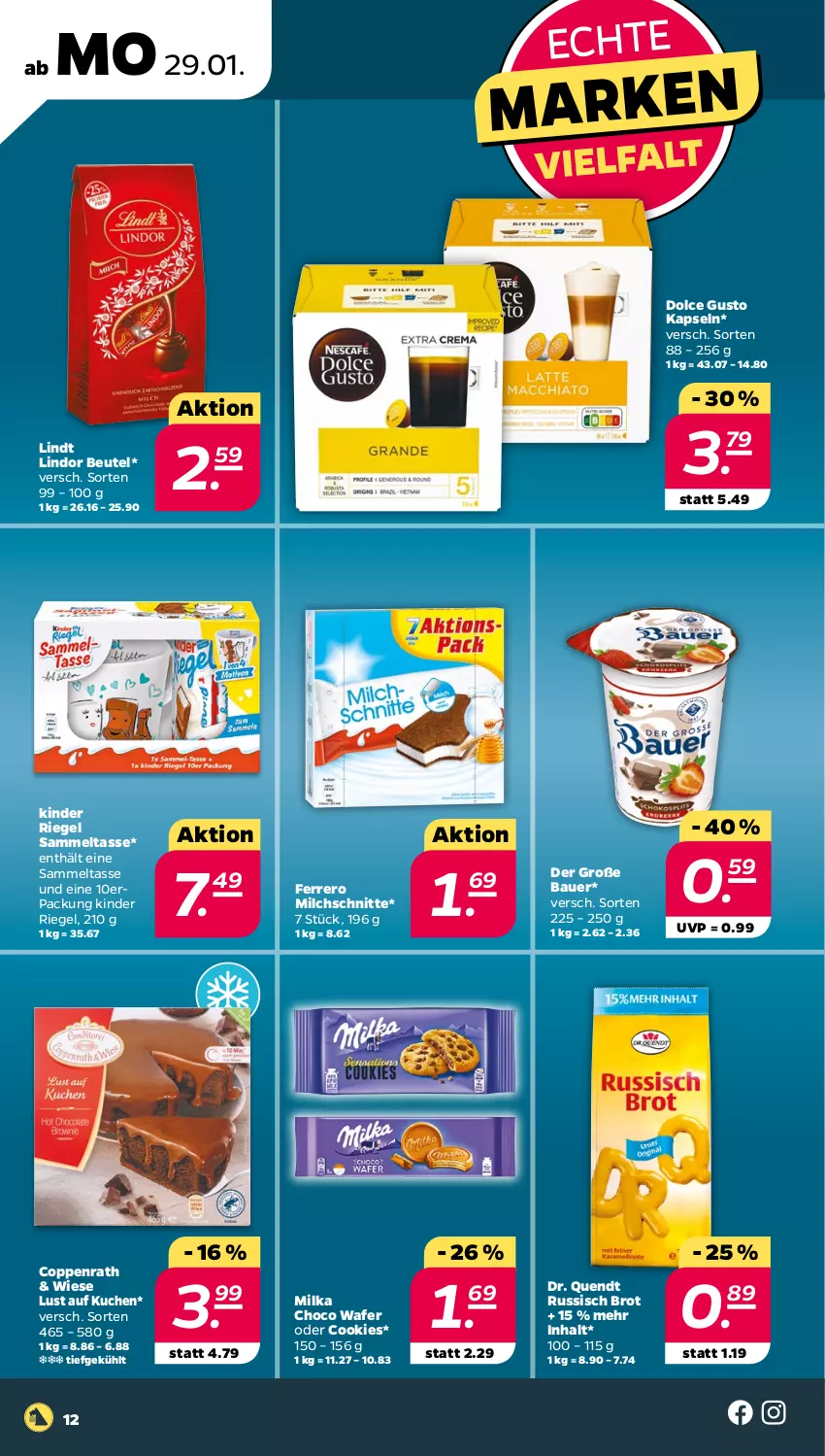 Aktueller Prospekt Netto - Woche 5 - von 29.01 bis 03.02.2024 - strona 12 - produkty: auer, Bau, Bauer, beutel, brot, cookie, cookies, coppenrath, dolce gusto, ferrero, Kinder, kinder riegel, kuchen, lindor, lindt, Lust auf Kuchen, milch, Milchschnitte, milka, riegel, russisch brot, tasse, Ti