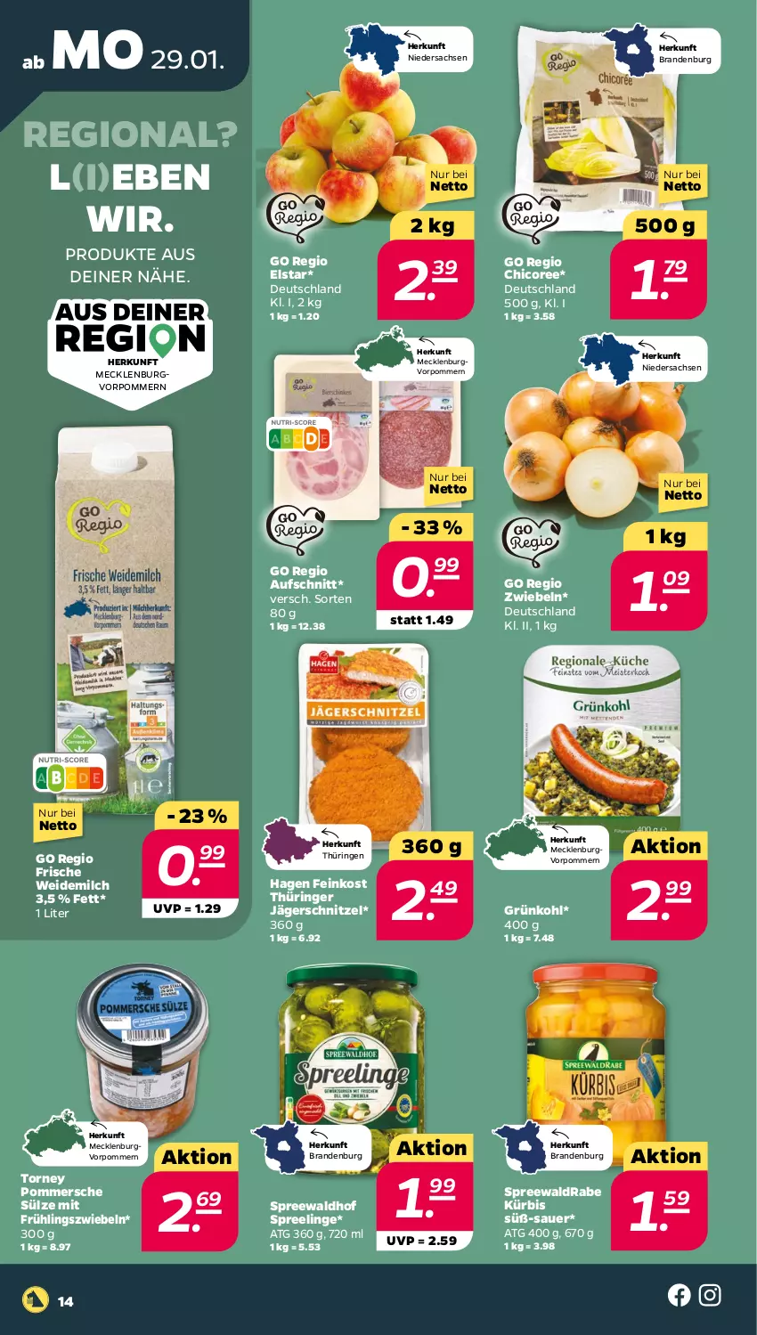 Aktueller Prospekt Netto - Woche 5 - von 29.01 bis 03.02.2024 - strona 14 - produkty: auer, aufschnitt, feinkost, Kürbis, milch, Pommersche, ring, sac, schnitzel, spreewaldhof, Ti, weidemilch, zwiebel, zwiebeln