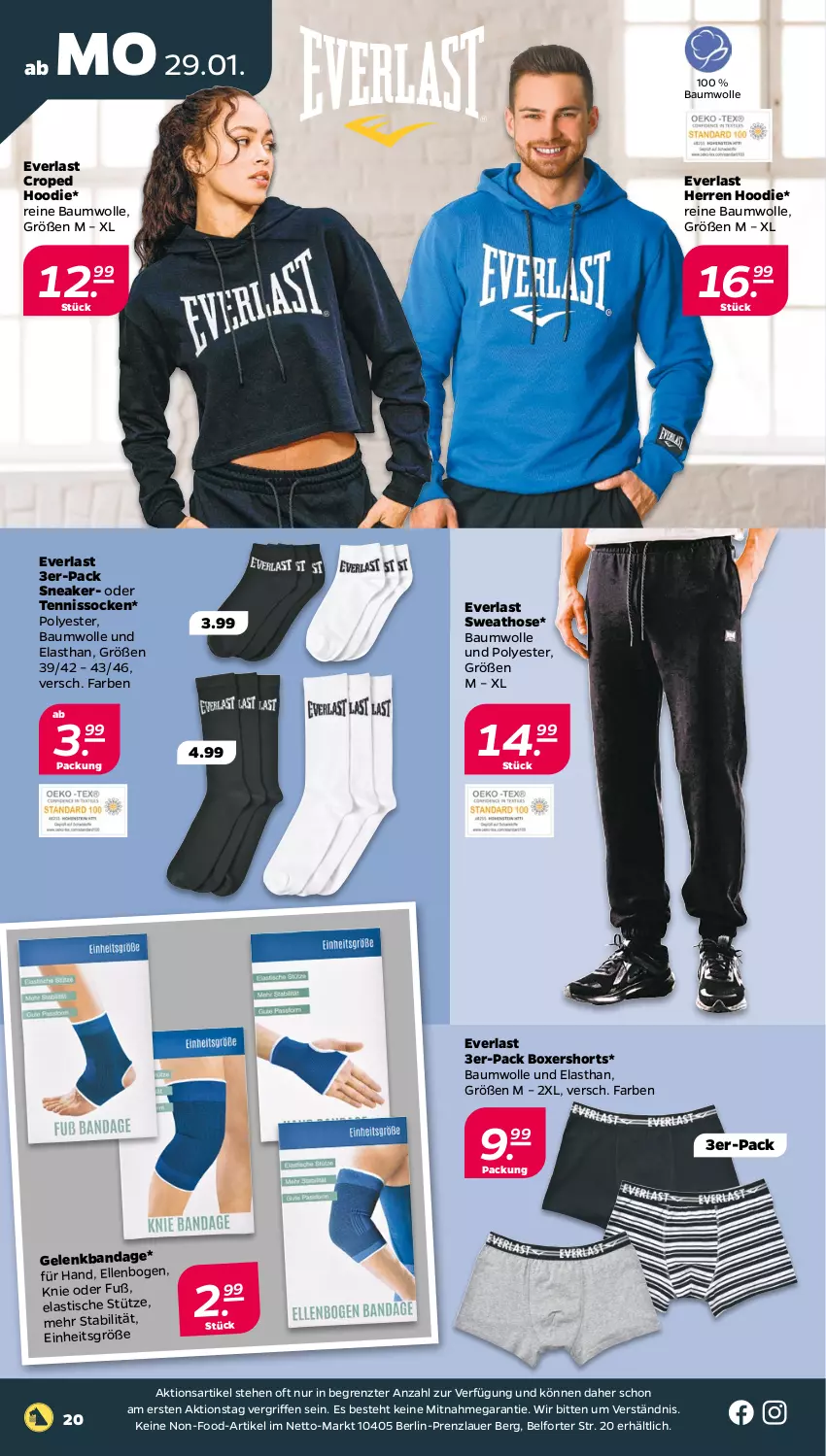 Aktueller Prospekt Netto - Woche 5 - von 29.01 bis 03.02.2024 - strona 20 - produkty: asti, auer, Bau, baumwolle, elle, hose, reine baumwolle, shorts, sneaker, socken, Sweathose, Ti, tisch, wolle, ZTE