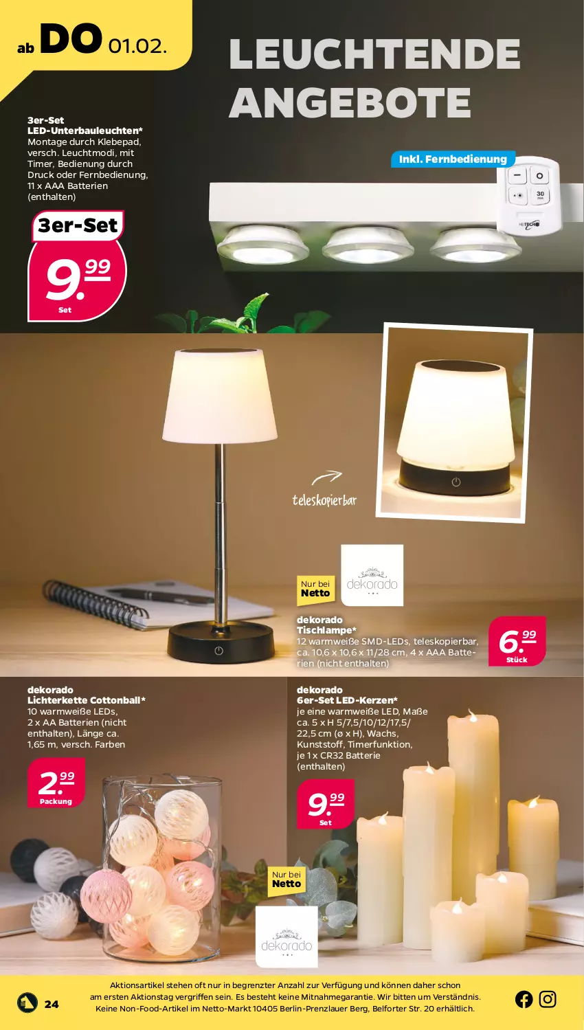 Aktueller Prospekt Netto - Woche 5 - von 29.01 bis 03.02.2024 - strona 24 - produkty: angebot, angebote, auer, ball, batterie, batterien, Bau, fernbedienung, kerze, Kette, Lampe, LED-Kerze, leds, Leuchte, leuchten, lichterkette, Teleskop, Ti, timer, tisch, Tischlampe, ZTE