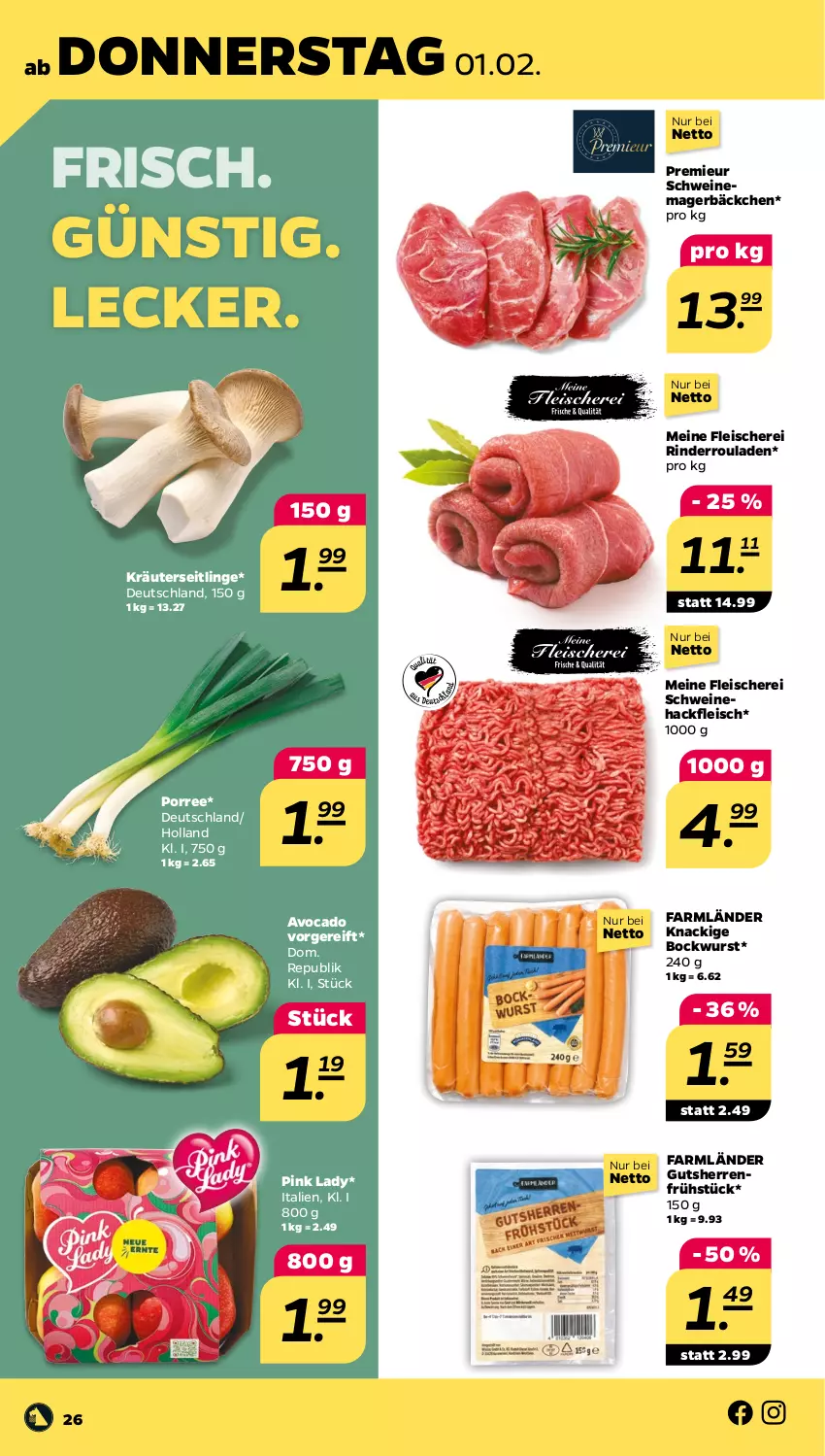 Aktueller Prospekt Netto - Woche 5 - von 29.01 bis 03.02.2024 - strona 26 - produkty: avocado, bockwurst, eis, fleisch, Fleischerei, hackfleisch, kräuter, Kräuterseitlinge, Pink Lady, rind, rinder, Rinderroulade, rinderrouladen, rouladen, Schere, schwein, schweine, Schweinehackfleisch, Ti, wein, weine, wurst