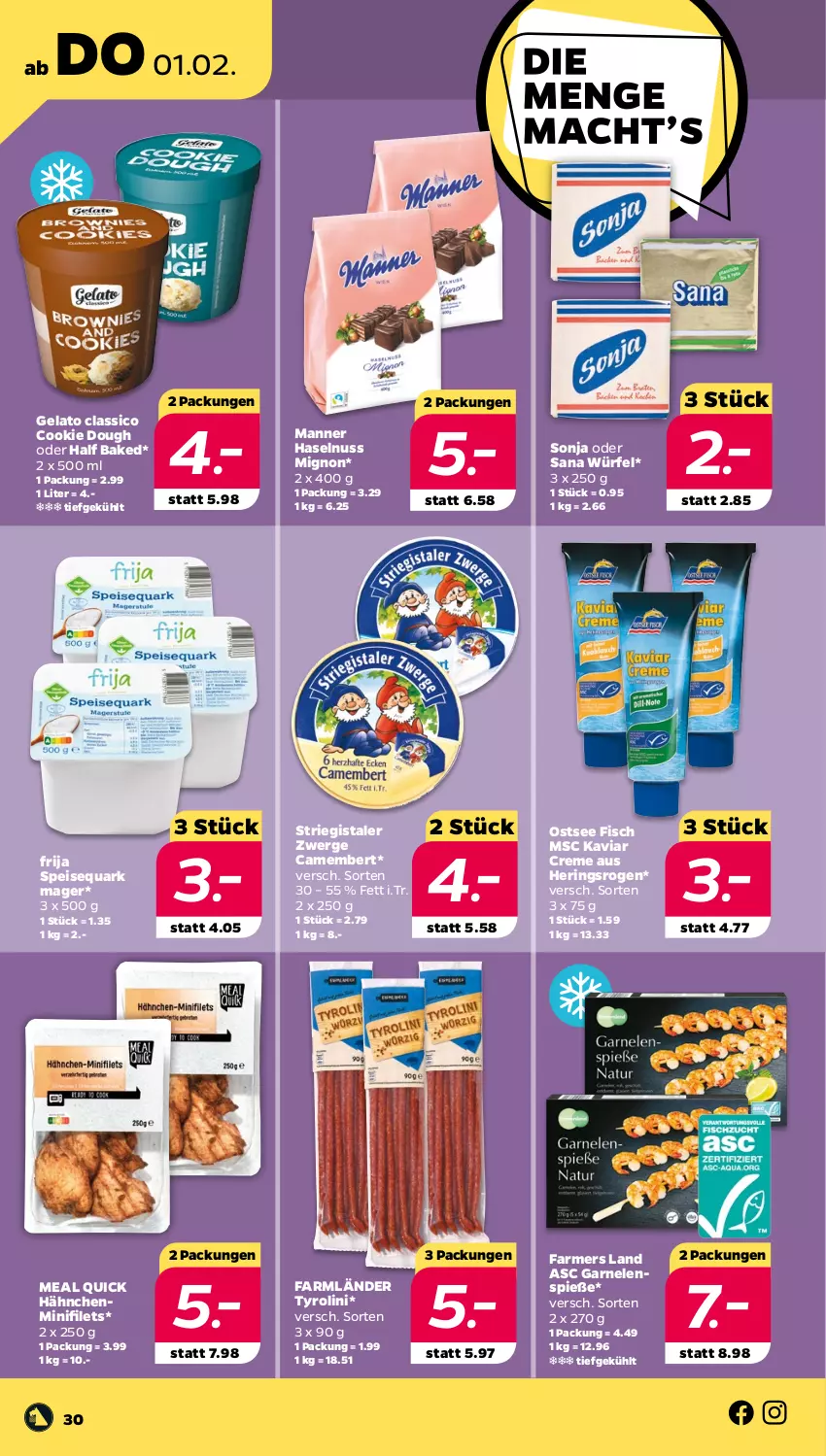 Aktueller Prospekt Netto - Woche 5 - von 29.01 bis 03.02.2024 - strona 30 - produkty: camembert, classico, cookie, cookie dough, creme, eis, filet, filets, fisch, garnelen, haselnuss, hering, Herings, Manner, nuss, quark, ring, sana, speisequark, Ti, würfel