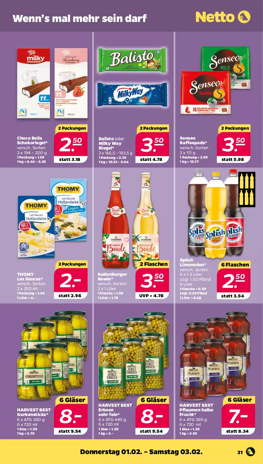 Aktueller Prospekt Netto - Woche 5 - von 29.01 bis 03.02.2024 - strona 31 - produkty: balisto, bowle, burger, erbsen, flasche, frucht, Gläser, gurke, gurken, kaffee, kaffeepads, katlenburger, limo, limonade, limonaden, milky way, pflaume, pflaumen, riegel, sauce, schoko, schokoriegel, senseo, thomy, thomy les sauces, Ti