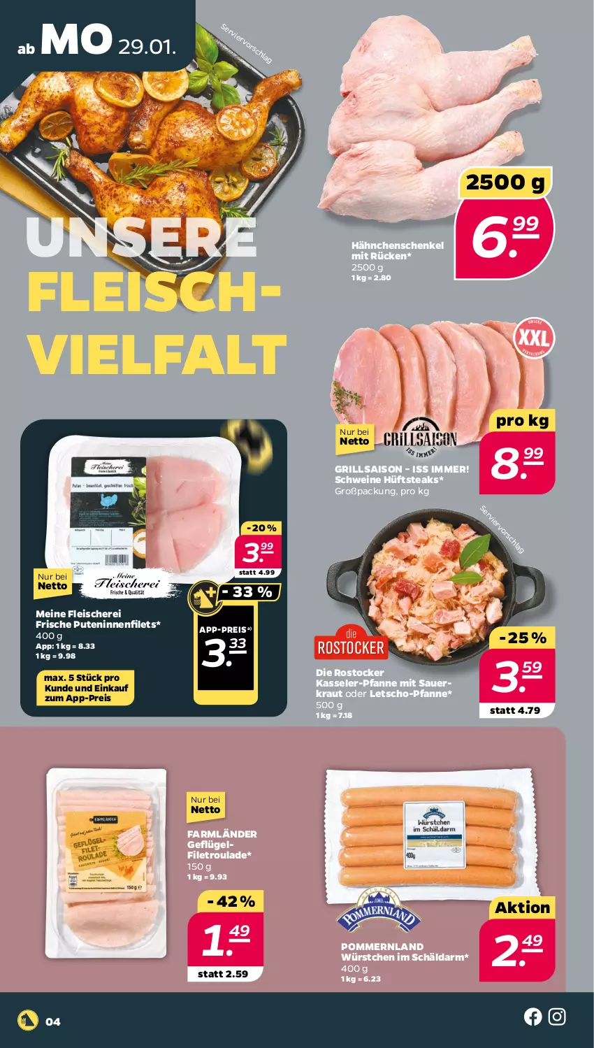 Aktueller Prospekt Netto - Woche 5 - von 29.01 bis 03.02.2024 - strona 4 - produkty: auer, eis, filet, filets, fleisch, Fleischerei, Geflügel, grill, hähnchenschenkel, henkel, hüftsteak, hüftsteaks, kasseler, Kraut, Letscho, pfanne, pute, reis, Rostocker, Sauerkraut, schenkel, Schere, schwein, schweine, steak, steaks, Ti, wein, weine, würstchen