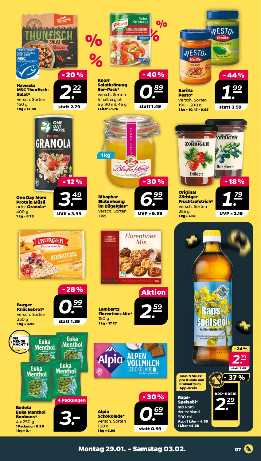 Aktueller Prospekt Netto - Woche 5 - von 29.01 bis 03.02.2024 - strona 7 - produkty: alpia, Amber, aufstrich, barilla, bihophar, Blüte, blütenhonig, bonbons, brot, bügel, burger, eis, fisch, frucht, fruchtaufstrich, gin, hawesta, honig, knäckebrot, knorr, lambertz, LG, müsli, pesto, reis, salat, salatkrönung, schoko, schokolade, thunfisch, Thunfischsalat, Ti