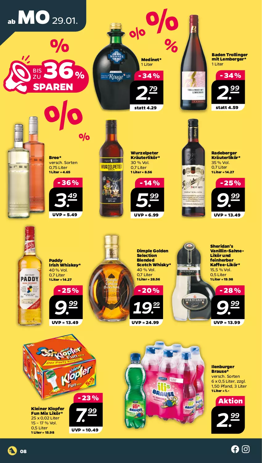 Aktueller Prospekt Netto - Woche 5 - von 29.01 bis 03.02.2024 - strona 8 - produkty: Bad, Berger, blended scotch, blended scotch whisky, brause, bree, burger, irish whiskey, kaffee, kleiner klopfer, kräuter, kräuterlikör, leine, likör, medinet, radeberger, sahne, scotch, scotch whisky, Ti, trolli, trollinger, whiskey, whisky