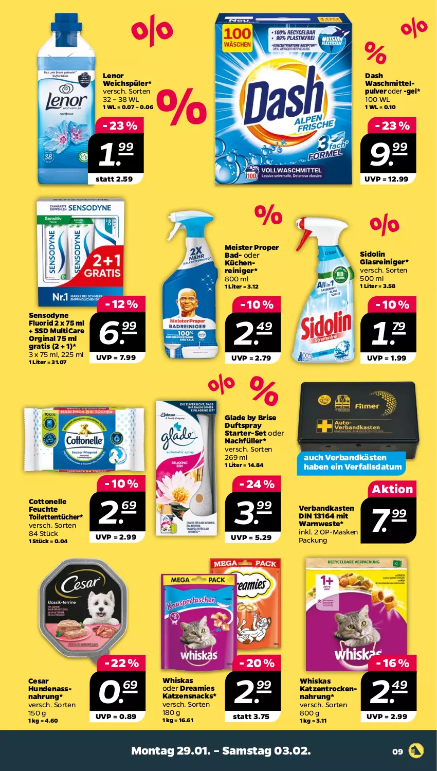 Aktueller Prospekt Netto - Woche 5 - von 29.01 bis 03.02.2024 - strona 9 - produkty: Bad, cottonelle, dreamies, Duftspray, eis, elle, gin, Glade, Glasreiniger, katzensnack, katzensnacks, küche, Küchen, lenor, lenor weichspüler, Maske, Meister, meister proper, Nassnahrung, ndk, reiniger, sensodyne, sensodyne fluorid, sidolin, snack, snacks, ssd, Ti, toilettentücher, Trockennahrung, tücher, Verbandkasten, Warnweste, waschmittel, weichspüler, Weste, whiskas