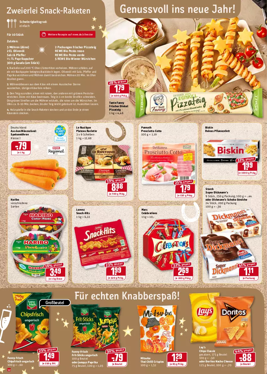 Aktueller Prospekt Rewe - Diese Woche im Angebot! - von 27.12 bis 31.12.2021 - strona 12 - produkty: Ausstecher, backofen, beutel, bio, Brei, chips, chipsfrisch, Doritos, eier, eis, erde, Frit-Sticks, funny-frisch, gouda, haribo, Holz, Käse, Le Rustique, lorenz, mars, möhren, nacho, nacho cheese, nuss, Ofen, olive, oliven, olivenöl, papier, paprika, pesto, pfeffer, pflanze, pflanzen, Pflanzenfett, pizza, Pizzateig, ponnath, prosciutto, prosciutto cotto, Raketen, reifen, rewe bio, rezept, rezepte, salz, schoko, snack, speisemöhren, storck, tante fanny, Ti, WICK, wiener, wiener würstchen, würstchen