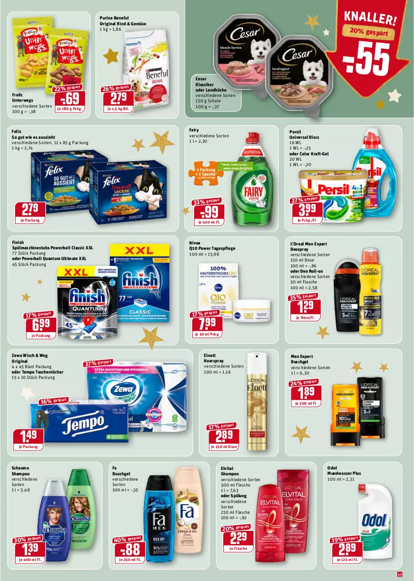 Aktueller Prospekt Rewe - Diese Woche im Angebot! - von 27.12 bis 31.12.2021 - strona 17 - produkty: ball, deo, deo roll-on, deospray, duschgel, elnett, elvital, fa duschgel, fairy, felix, Finish, flasche, frolic, gin, haarspray, kraft, küche, landküche, mundwasser, ndk, nivea, oder deo roll-on, Odol, persil, powerball, purina, Q10, rind, roll-on, rwe, Schal, Schale, schauma, schauma shampoo, shampoo, spülmaschinen, spülmaschinentabs, spülung, Tagespflege, Tasche, taschen, taschentücher, Tempo, Ti, tücher, vita, wasser, zewa