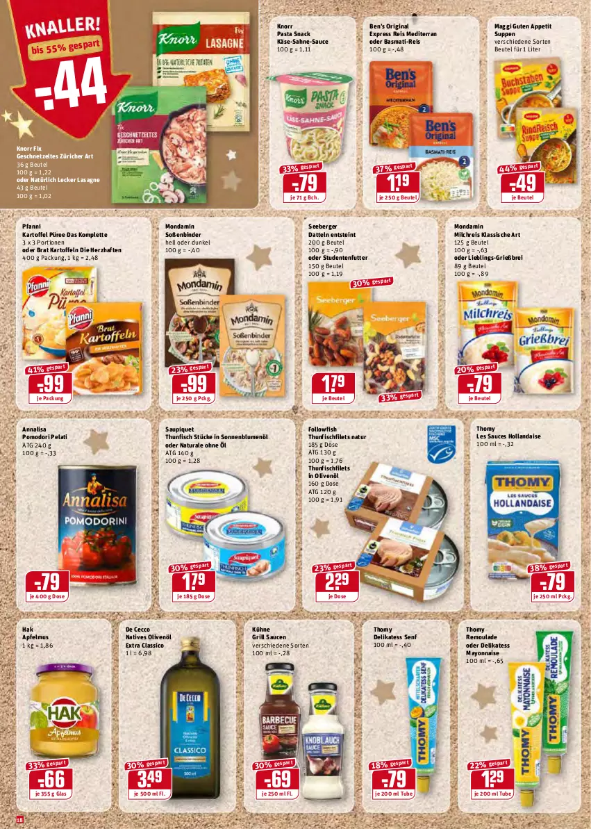 Aktueller Prospekt Rewe - Diese Woche im Angebot! - von 27.12 bis 31.12.2021 - strona 18 - produkty: apfel, apfelmus, basmati, basmati-reis, Ben’s Original, Berger, beutel, blume, blumen, blumenöl, Brei, classico, Datteln, De Cecco, delikatess senf, ecco, eis, ente, filet, filets, fisch, followfish, geschnetzeltes, gin, grill, hollandaise, in olivenöl, kartoffel, kartoffeln, Käse, knorr, knorr fix, knorr pasta, Kühne, lasagne, maggi, mayonnaise, milch, milchreis, mondamin, natives olivenöl, natur, natura, olive, oliven, olivenöl, olivenöl extra, pasta, pasta snack, pfanni, püree, reis, remoulade, sahne, sauce, saucen, saupiquet, seeberger, senf, snack, sonnenblume, sonnenblumen, sonnenblumenöl, Soße, studentenfutter, suppe, suppen, thomy, thomy les sauces, thunfisch, Ti, Yo, Zelt