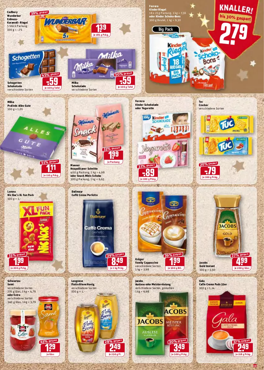 Aktueller Prospekt Rewe - Diese Woche im Angebot! - von 27.12 bis 31.12.2021 - strona 19 - produkty: beutel, caffe, caffè crema, Cap, cappuccino, cin, cracker, crema pads, dallmayr, eis, erdnuss, ferrero, honig, jacobs, Jacobs Gold, karamell, Kinder, kinder riegel, kinder schokolade, krüger, langnese, lorenz, Manner, Meister, meisterröstung, milka, milka schokolade, nuss, oder yogurette, riegel, schogetten, schoko, schoko-bons, schokolade, Schwartau, snack, tuc, Yo, yogurette