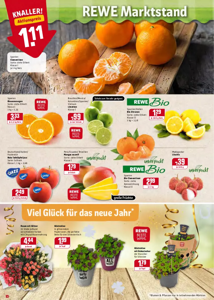 Aktueller Prospekt Rewe - Diese Woche im Angebot! - von 27.12 bis 31.12.2021 - strona 2 - produkty: bio, blume, blumen, Cif, clementinen, früchte, glücksklee, limette, limetten, mango, mangos, Mett, metten, orange, orangen, papier, pflanze, pflanzen, rosen, rote tafeläpfel, Schal, Schale, tafeläpfel, Ti, tisch, topf, zitrone, zitronen