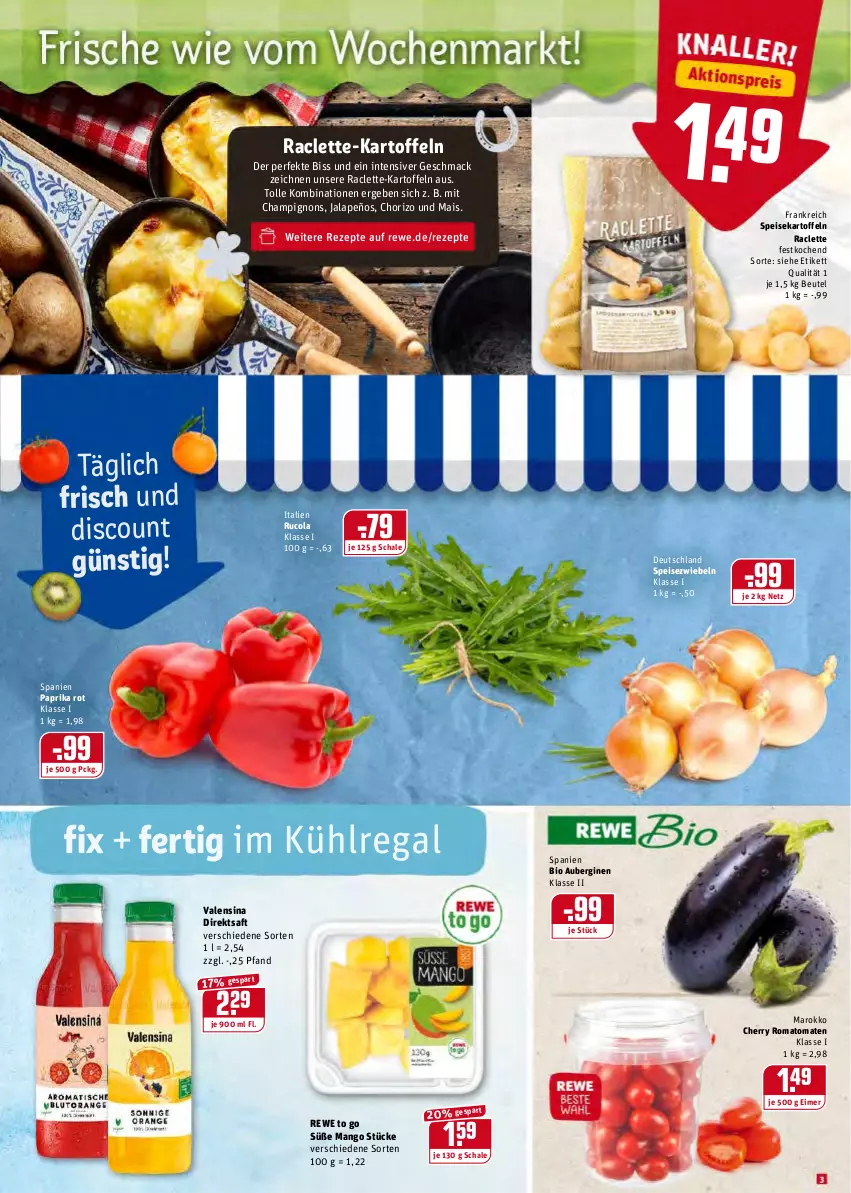 Aktueller Prospekt Rewe - Diese Woche im Angebot! - von 27.12 bis 31.12.2021 - strona 3 - produkty: aubergine, auberginen, beutel, bio, champignon, champignons, chorizo, cola, direktsaft, discount, eimer, eis, gin, jalapeño, kartoffel, kartoffeln, kühlregal, mac, mais, mango, paprika, paprika rot, regal, rezept, rezepte, Romatomaten, rucola, saft, Schal, Schale, speisekartoffeln, Speisezwiebeln, Ti, tomate, tomaten, valensina, zwiebel, zwiebeln