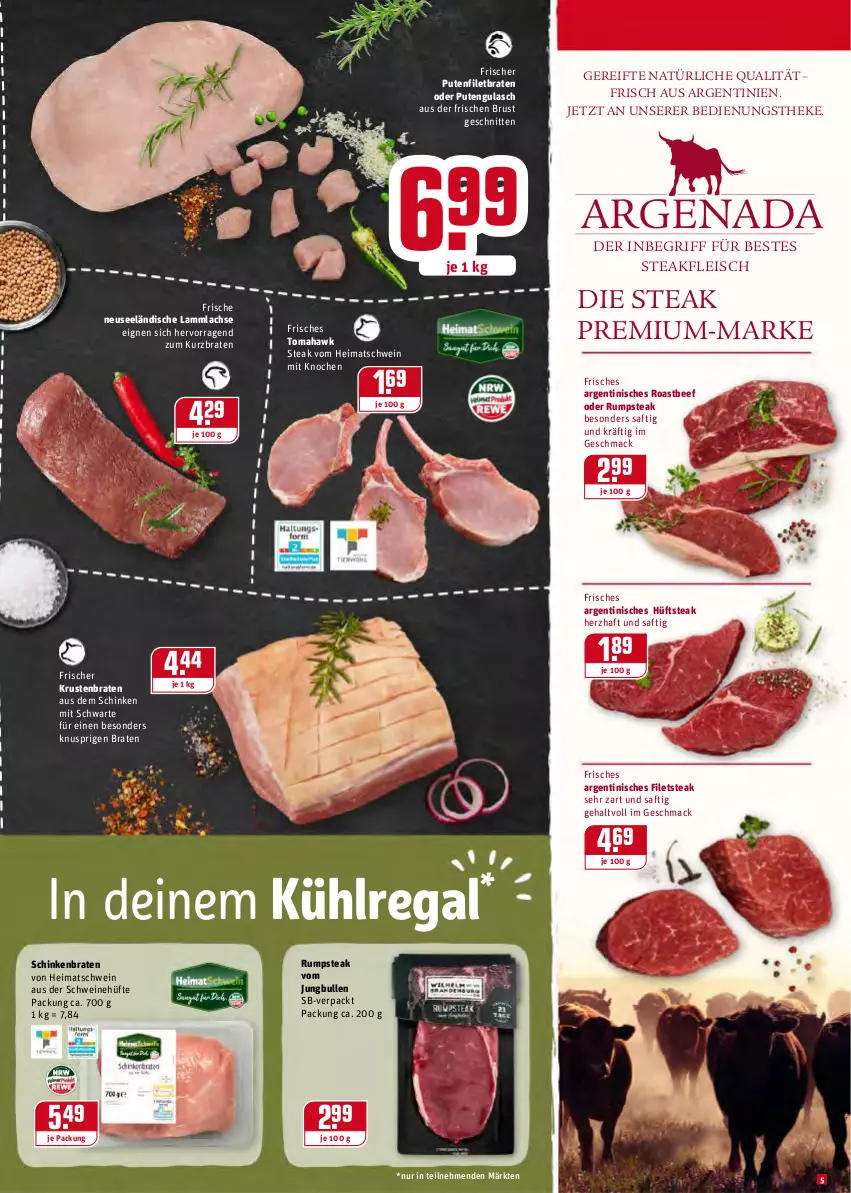 Aktueller Prospekt Rewe - Diese Woche im Angebot! - von 27.12 bis 31.12.2021 - strona 5 - produkty: beef, braten, eis, filet, filets, fleisch, gulasch, hüftsteak, jungbullen, krustenbraten, kühlregal, lachs, lamm, lammlachse, mac, oder rumpsteak, pute, regal, roastbeef, rum, rumpsteak, saft, schinken, schinkenbraten, schnitten, schwein, schweine, steak, Ti, wein, weine