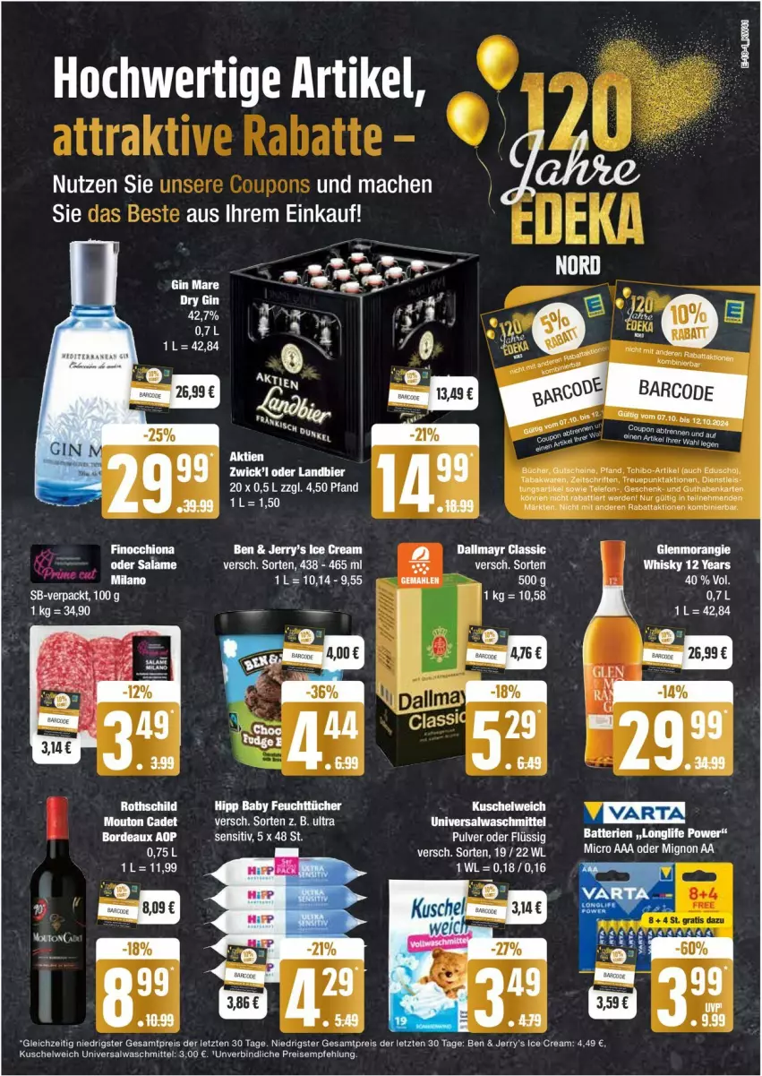 Aktueller Prospekt Edeka - Prospekte - von 07.10 bis 12.10.2024 - strona 19 - produkty: batterie, batterien, bier, dallmayr, eis, feuchttücher, gin, gin mare, hipp, longlife, mac, reis, tee, Ti, tücher, uhr, WICK, ZTE