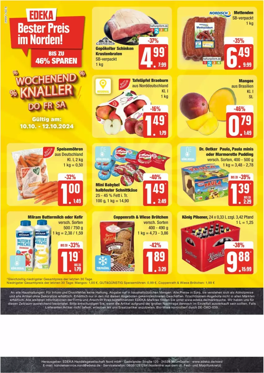 Aktueller Prospekt Edeka - Prospekte - von 07.10 bis 12.10.2024 - strona 20 - produkty: alle artikel ohne dekoration, braten, brötchen, butter, buttermilch, coppenrath, dekoration, Dr. Oetker, eier, eis, Elan, halbfester schnittkäse, Käse, Kefir, krustenbraten, mango, mangos, marmorette, Mett, metten, Mettenden, milch, milram, möhren, Paula, pudding, reis, rel, schnittkäse, speisemöhren, tafeläpfel, Ti, ZTE