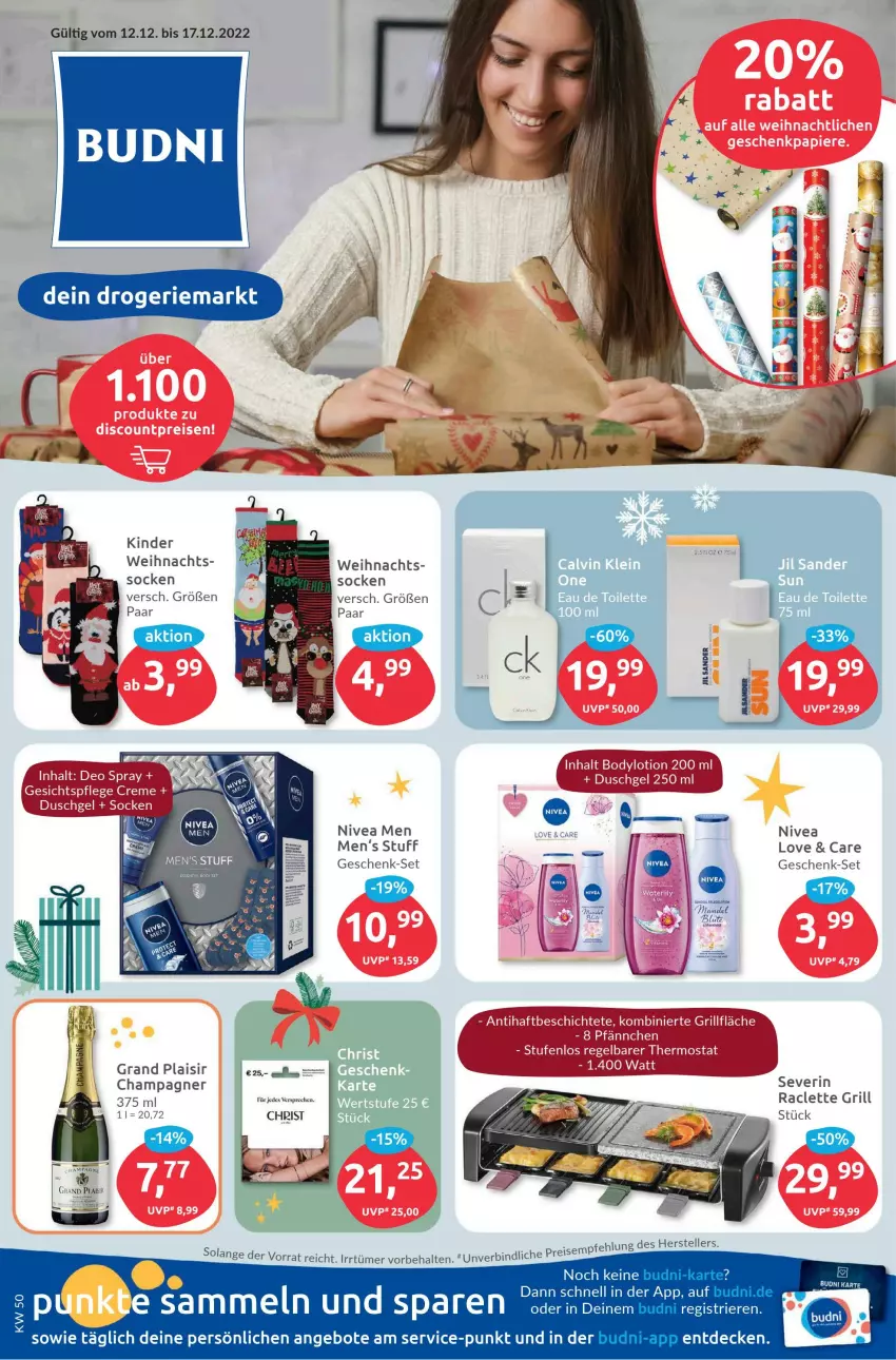 Aktueller Prospekt Budni - Prospekte - von 12.12 bis 17.12.2022 - strona 1 - produkty: angebot, angebote, champagne, champagner, decke, eis, elle, grill, Kinder, nivea, Nivea Men, severin, socken, teller, Ti