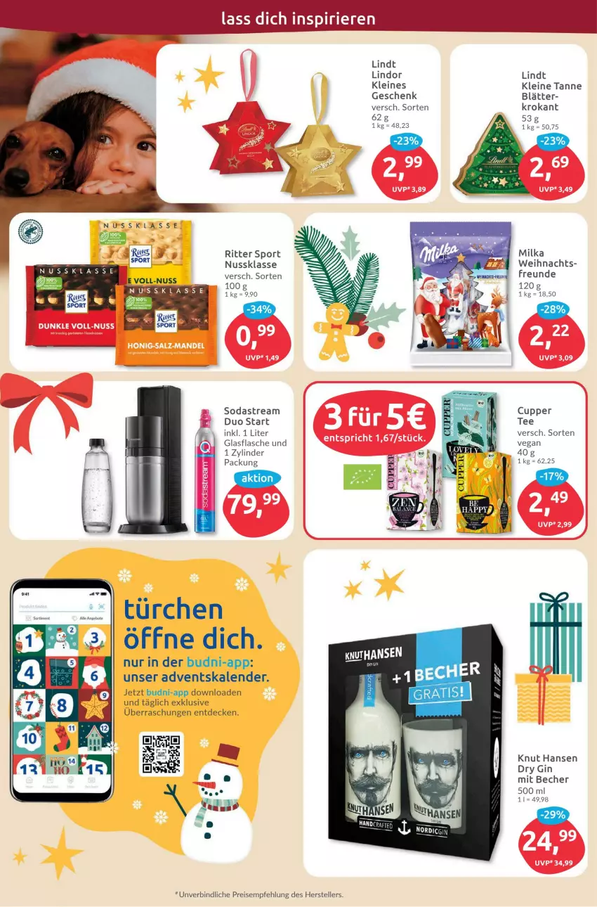 Aktueller Prospekt Budni - Prospekte - von 12.12 bis 17.12.2022 - strona 4 - produkty: Adventskalender, Becher, decke, dry gin, eis, elle, flasche, gin, glasflasche, leine, lindor, lindt, milka, nuss, reis, ritter, ritter sport, Soda, sodastream, Sport, tee, teller