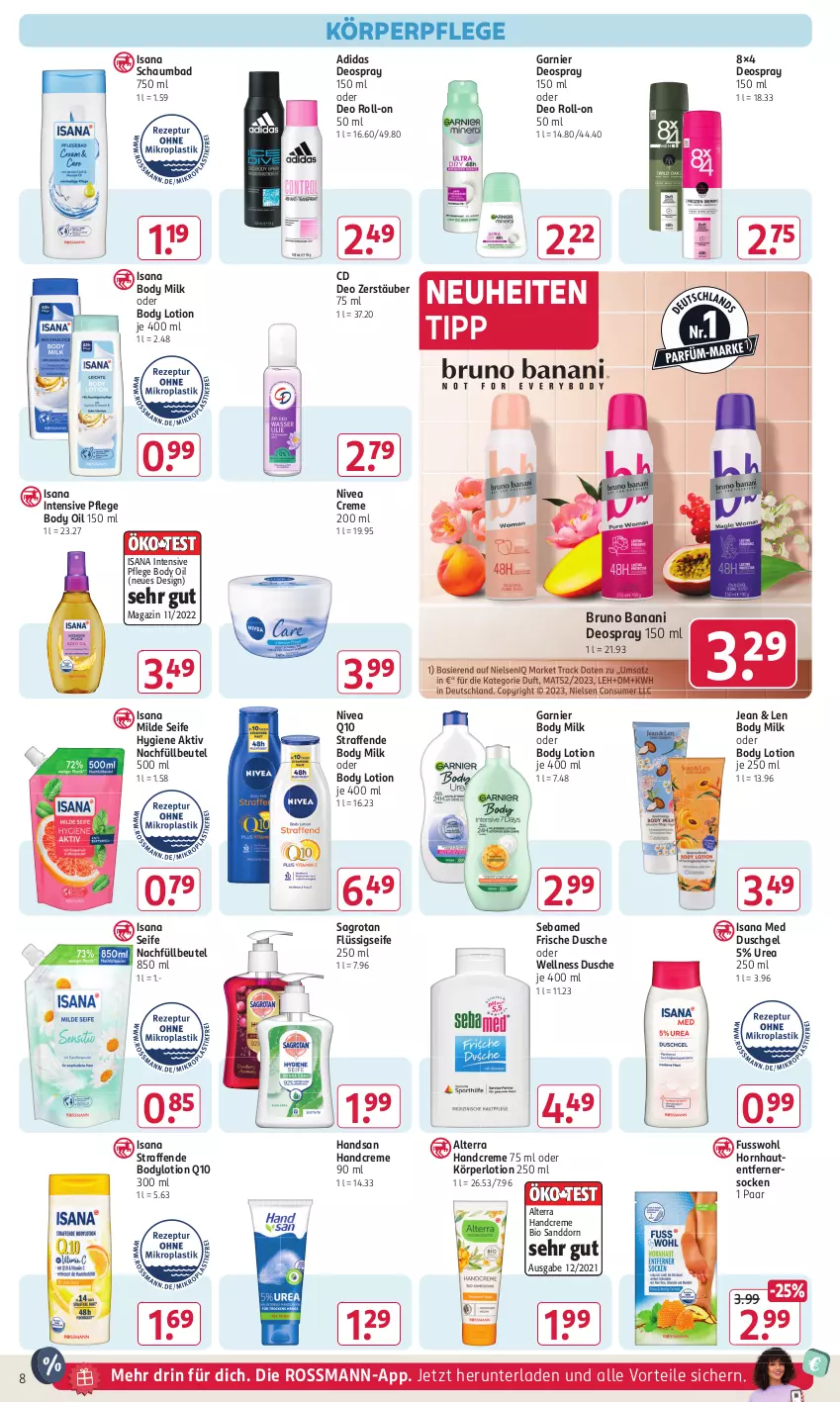 Aktueller Prospekt Rossmann - Prospekte - von 04.03 bis 08.03.2024 - strona 10 - produkty: Adidas, alterra, Bad, beutel, bio, body, body lotion, body milk, bodylotion, bruno banani, creme, deo, deo roll-on, deospray, deospray 150 ml, dusche, duschgel, flüssigseife, Fusswohl, garnier, handcreme, isana, Körperlotion, körperpflege, Lotion, magazin, neuheit, nivea, oder deo roll-on, Q10, roll-on, sagrotan, sana, sanddorn, schaumbad, sebamed, Seife, socken, Ti