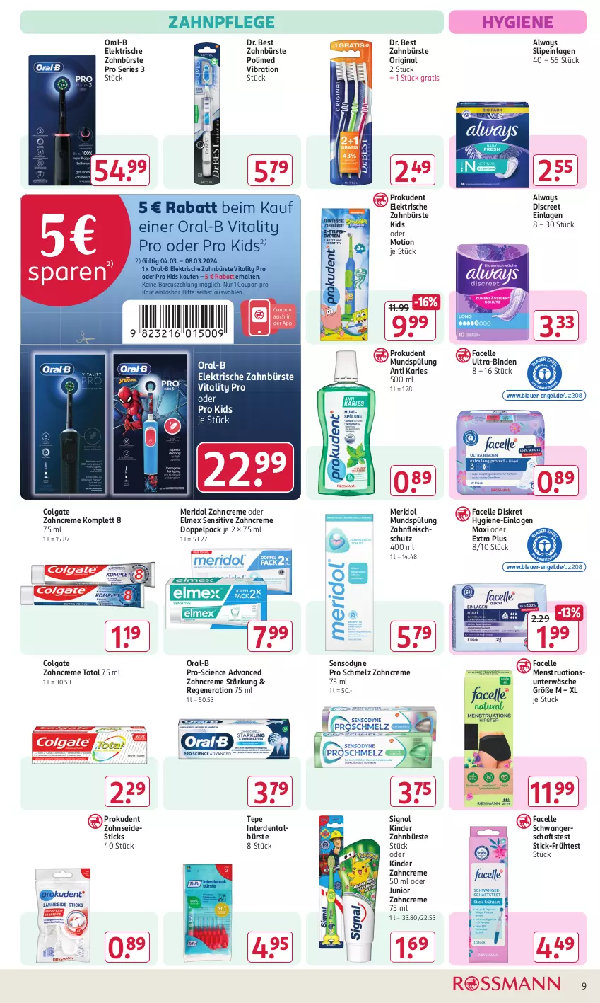 Aktueller Prospekt Rossmann - Prospekte - von 04.03 bis 08.03.2024 - strona 11 - produkty: Alwa, Always, auer, binden, bürste, Cien, colgate, coupon, creme, Discreet, Dr. Best, eis, elektrische zahnbürste, elle, elmex, Engel, erde, Facelle, fleisch, gin, Kinder, LG, meridol, mundspülung, oral-b, Prokudent, Schwangerschaftstest, sensodyne, Signal, slip, slipeinlagen, spülung, Ti, Ultra-Binden, Unterwäsche, vita, vitality, zahnbürste, zahncreme, Zahnseide