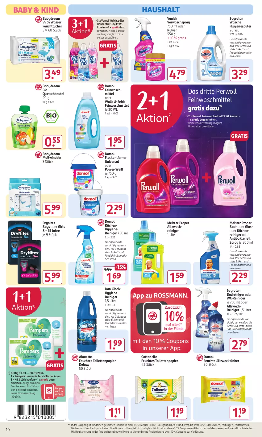 Aktueller Prospekt Rossmann - Prospekte - von 04.03 bis 08.03.2024 - strona 12 - produkty: allzweckreiniger, Allzwecktücher, alouette, aqua, babydream, Bad, beutel, bio, biozidprodukte, cottonelle, coupon, coupons, Domol, DryNites, eis, elle, feinwaschmittel, feuchtes toilettenpapier, feuchttücher, fleckentferner, gutschein, gutscheine, hygienespüler, küche, Küchen, Meister, meister proper, Mullwindel, pampers, papier, perwoll, quetschbeutel, Rauch, reiniger, rwe, sagrotan, Ti, toilettenpapier, tücher, vanish, vernel, waschmittel, wasser, wc-reiniger, weck, weichspüler, windeln, wolle