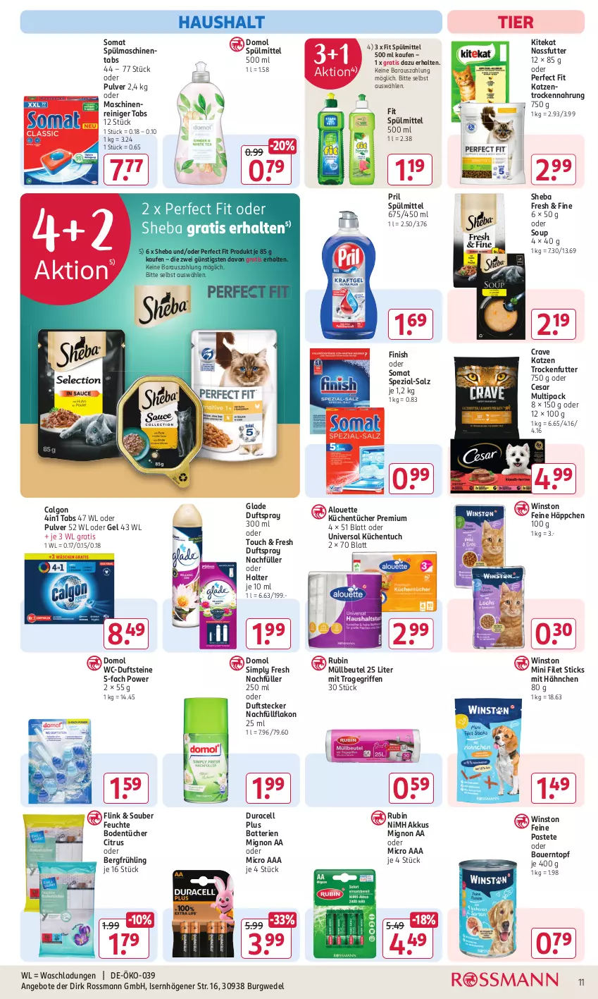 Aktueller Prospekt Rossmann - Prospekte - von 04.03 bis 08.03.2024 - strona 13 - produkty: akku, alouette, angebot, angebote, auer, batterie, batterien, Bau, Bauer, beutel, Bodentücher, calgon, citrus, Domol, Duftspray, filet, Finish, Glade, kitekat, küche, Küchen, küchentücher, LG, maschinenreiniger, müllbeutel, nassfutter, pastete, Perfect Fit, pril, reiniger, Rubin, salz, sheba, sim, somat, Spezi, spülmaschinen, spülmaschinentabs, spülmittel, Ti, topf, tragegriff, trockenfutter, Trockennahrung, tuc, tücher, wedel