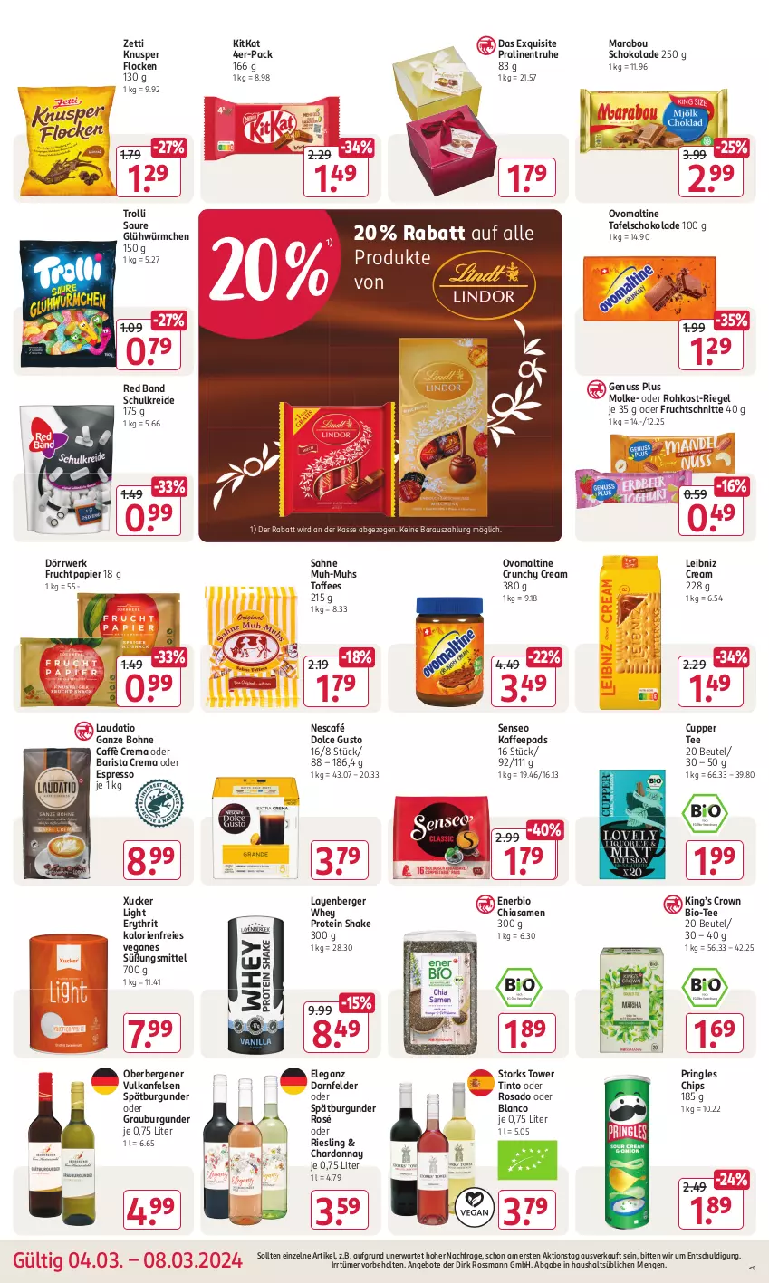 Aktueller Prospekt Rossmann - Prospekte - von 04.03 bis 08.03.2024 - strona 14 - produkty: angebot, angebote, Berger, beutel, bio, bohne, burgunder, caffè crema, chardonnay, chia, chips, dolce gusto, dornfelder, espresso, frucht, Fruchtschnitte, grauburgunder, kaffee, kaffeepads, kitkat, Kreide, leibniz, Marabou, Nescafé, nuss, oder espresso, ovomaltine, papier, pralinen, pringles, riegel, riesling, ring, rwe, sahne, schoko, schokolade, senseo, shake, spätburgunder, tafelschokolade, tee, Ti, trolli