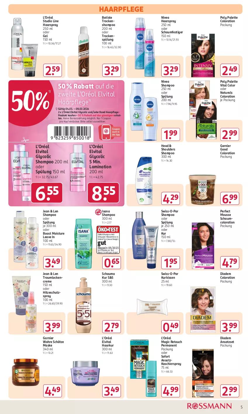 Aktueller Prospekt Rossmann - Prospekte - von 04.03 bis 08.03.2024 - strona 7 - produkty: coupon, creme, diadem, elvital, garnier, grüner tee, haarpflege, haarspray, isana, kissen, laminat, magazin, Maske, minze, mousse, natur, natura, nivea, oder schaumfestiger, Palette, sana, schauma, schaumfestiger, shampoo, shampoo 250 ml, shampoo oder spülung, spülung, spülung 200 ml, Swiss-o-Par, tee, Ti, Trockenshampoo, vita, Wahre Schätze, wasser