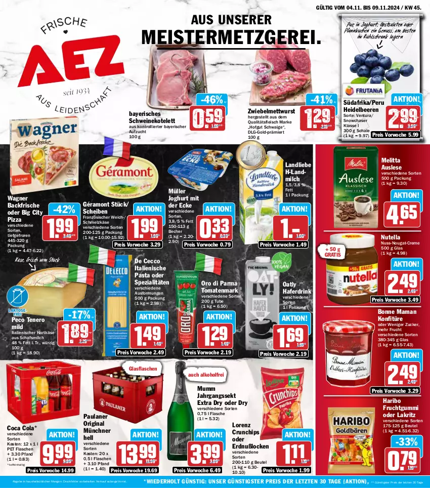 Aktueller Prospekt Aez - Prospekte - von 04.11 bis 09.11.2024 - strona 1 - produkty: alkohol, Becher, beere, beeren, beutel, bonne maman, chips, cola, creme, crunchips, De Cecco, drink, ecco, eis, flasche, fleisch, frucht, fruchtgummi, géramont, gin, glasflasche, hafer, Haferdrink, haribo, hartkäse, heidelbeere, heidelbeeren, hofgut, italienische pasta, italienischer hartkäse, jahrgangssekt, joghur, joghurt, joghurt mit der ecke, Käse, konfitüre, kotelett, kuchen, kühlschrank, Lakritz, landliebe, landmilch, LG, lorenz, lorenz crunchips, mam, Meister, melitta, Mett, mettwurst, milch, Müller, mumm, nero, nuss, nuss-nougat-creme, nutella, obst, oder lakritz, oro di parma, pasta, Paula, paulaner, Pfannkuchen, pizza, reis, salat, salate, Schal, Schale, Schmelzkäse, Schrank, schwein, schweine, schweinekotelett, sekt, Spezi, Ti, tomate, tomaten, tomatenmark, trolli, wagner, wein, weine, wurst, ZTE, zucker, zwiebel, zwiebelmettwurst