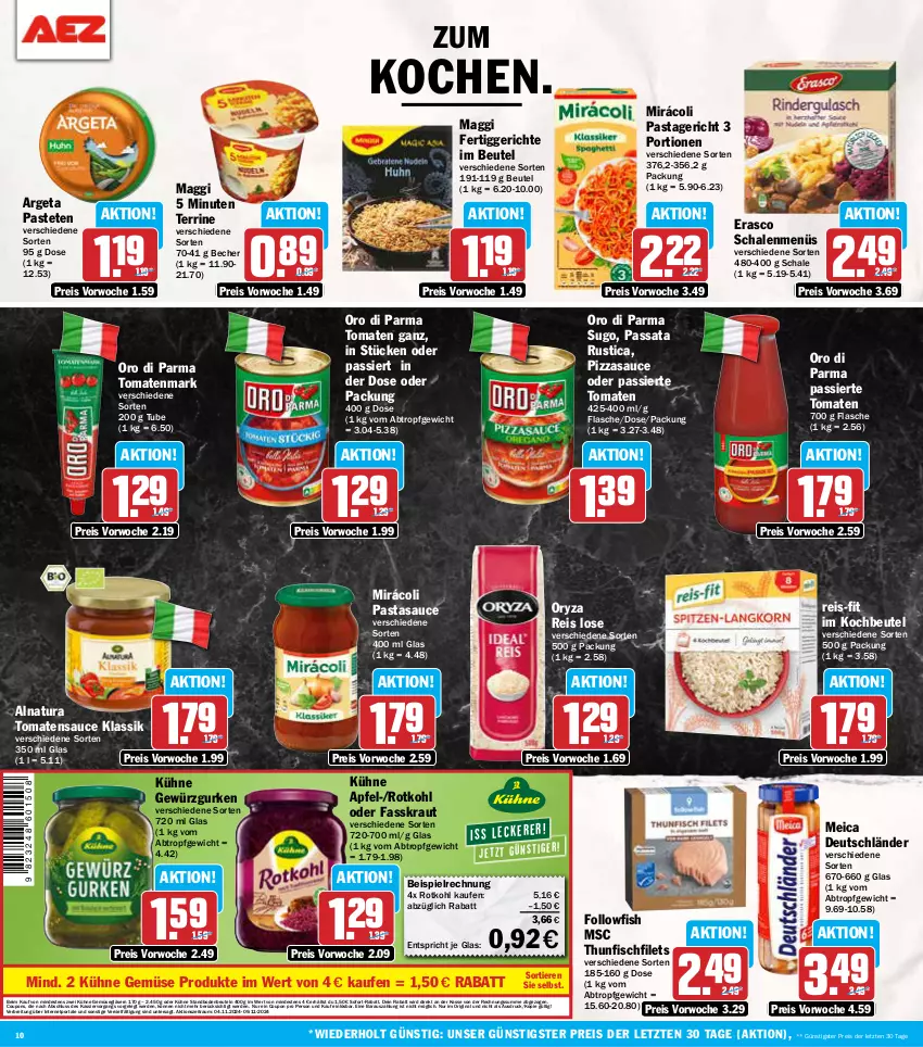 Aktueller Prospekt Aez - Prospekte - von 04.11 bis 09.11.2024 - strona 10 - produkty: apfel, Becher, beutel, Brei, coupon, coupons, eis, erasco, erde, fertiggericht, fertiggerichte, filet, filets, fisch, flasche, followfish, gewürz, Gewürzgurke, gewürzgurken, gin, Gläser, gurke, gurken, kochbeutel, Kraut, Kühne, maggi, meica, Mirácoli, natur, natura, oro di parma, oryza, pasta, Pastagericht, pastete, pizza, reis, reis-fit, rotkohl, sauce, Schal, Schale, sofort-rabatt, Sugo, terrine, thunfisch, Ti, Tiere, tomate, tomaten, tomatenmark, tomatensauce, ZTE