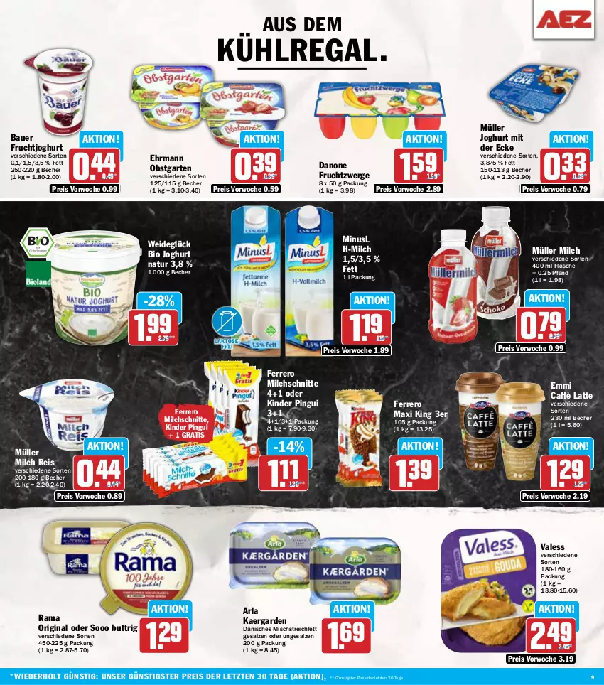 Aktueller Prospekt Aez - Prospekte - von 04.11 bis 09.11.2024 - strona 9 - produkty: arla, auer, aus dem kühlregal, Bau, Bauer, Becher, bio, caffè latte, danone, danone fruchtzwerge, ehrmann, eis, emmi, ferrero, flasche, frucht, fruchtjoghurt, fruchtzwerge, Garten, gin, joghur, joghurt, joghurt mit der ecke, Kinder, kinder pingui, kühlregal, latte, milch, Milchschnitte, Müller, natur, obst, obstgarten, pingui, rama, regal, reis, salz, Ti, ZTE