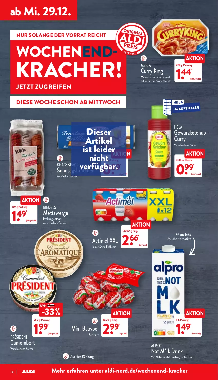 Aktueller Prospekt Aldi Nord - Aldi-Aktuell - von 27.12 bis 31.12.2021 - strona 26 - produkty: actimel, aldi, alpro, babybel, beere, brötchen, camembert, curry, drink, elle, erdbeere, flasche, gewürz, gewürzketchup, Hela, ketchup, kracher, meica, Mett, milch, natur, reifen, Sonntagsbrötchen, teller, Ti, zucker