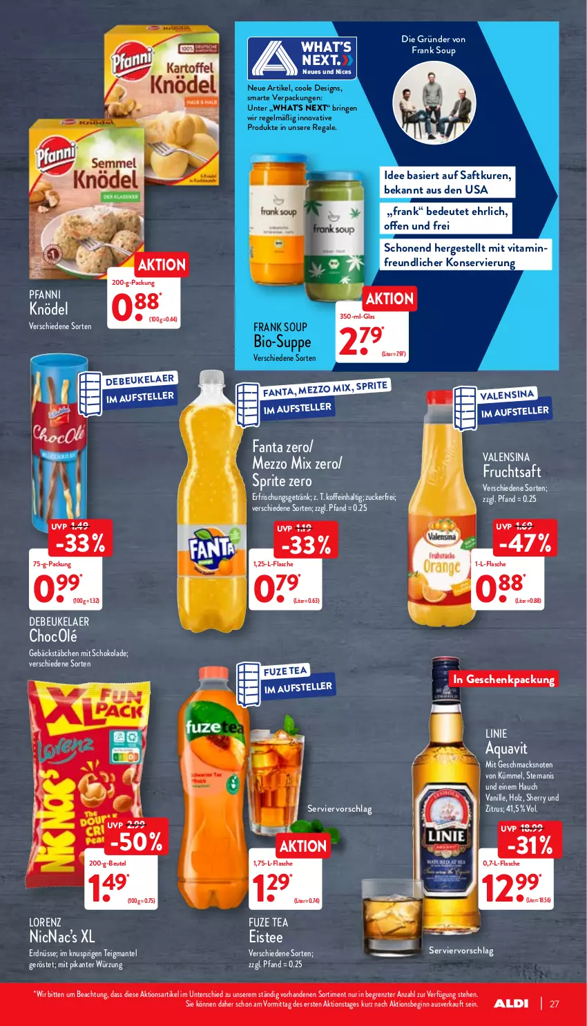 Aktueller Prospekt Aldi Nord - Aldi-Aktuell - von 27.12 bis 31.12.2021 - strona 27 - produkty: aqua, aquavit, beutel, bio, debeukelaer, eis, eistee, elle, erdnüsse, erfrischungsgetränk, fanta, flasche, frucht, fruchtsaft, fuze tea, geschenkpackung, getränk, gin, Holz, Knödel, lorenz, mac, Mantel, Mezzo Mix, pfanni, regal, ring, saft, schoko, schokolade, sprite, suppe, tee, teller, Ti, valensina, vanille, vita, ZTE, zucker