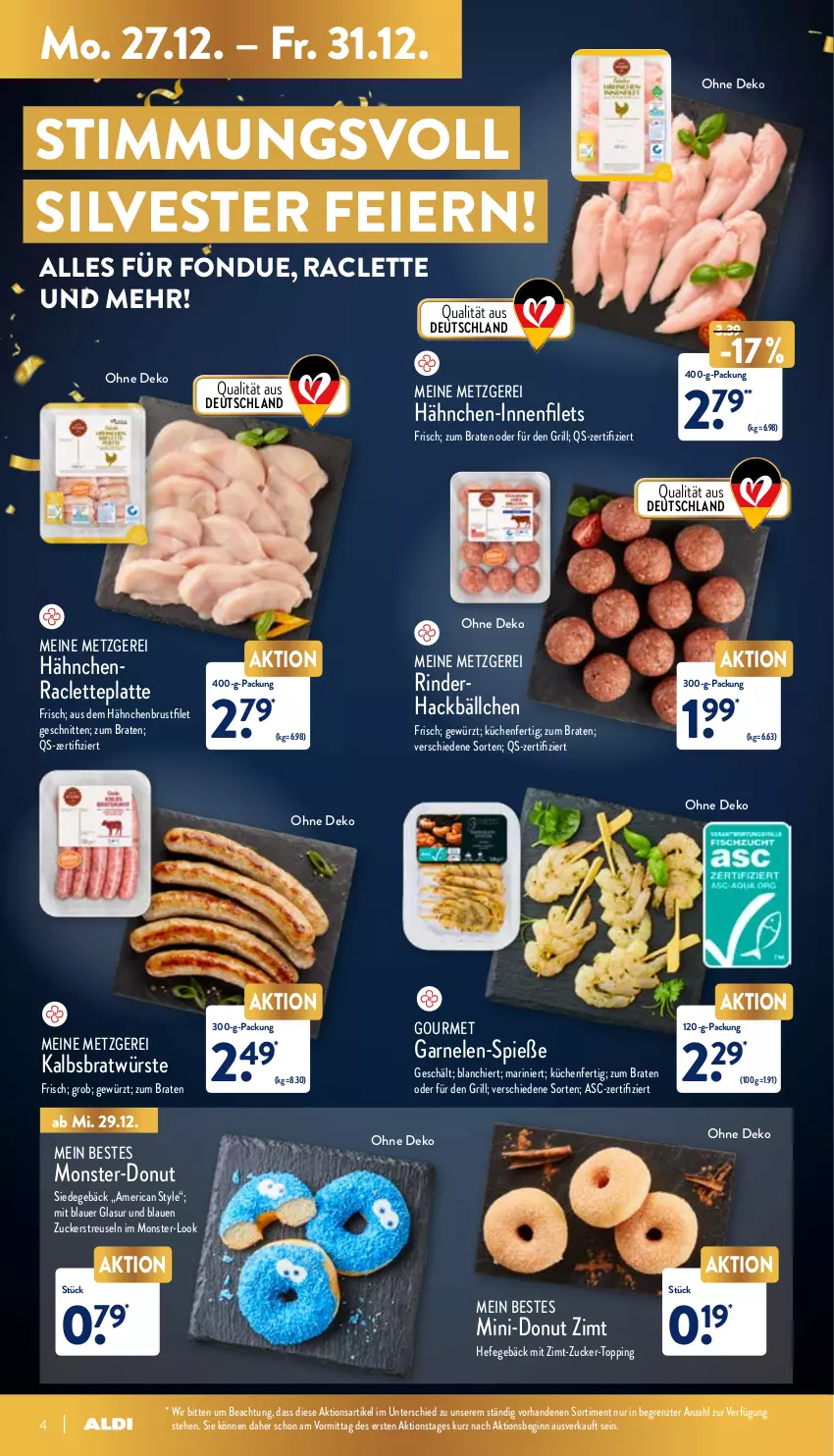 Aktueller Prospekt Aldi Nord - Aldi-Aktuell - von 27.12 bis 31.12.2021 - strona 4 - produkty: auer, braten, brustfilet, Donut, eier, filet, filets, Fondue, garnelen, Garnelen-Spieße, gewürz, gin, grill, Hähnchen-Innenfilets, hähnchenbrust, hähnchenbrustfilet, Hefe, küche, Küchen, latte, monster, rind, rinder, schnitten, Ti, ZTE, zucker