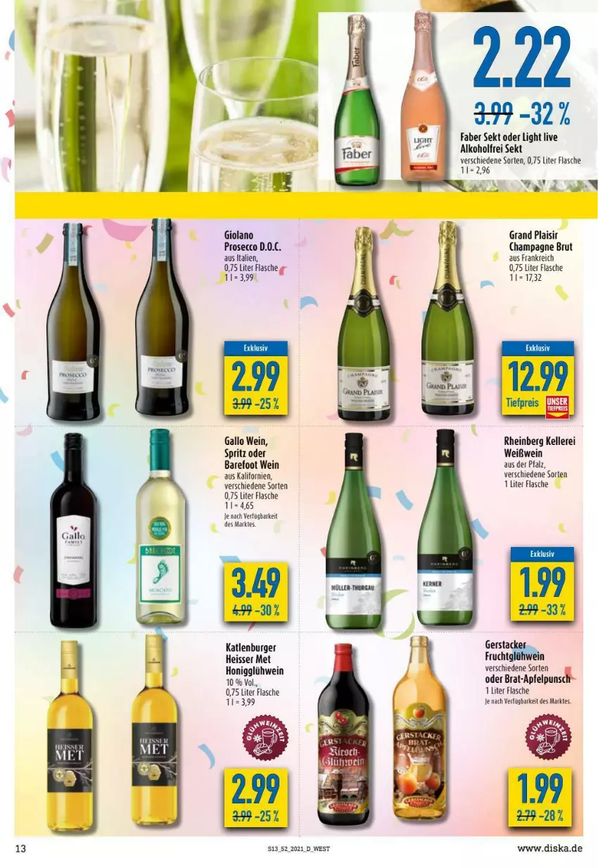 Aktueller Prospekt Diska - Prospekte - von 27.12 bis 31.12.2021 - strona 13 - produkty: alkohol, apfel, brut, burger, champagne, ecco, eis, elle, flasche, gallo, Glühwein, honig, katlenburger, prosecco, reis, sekt, Ti, tiefpreis, wein, Weißwein