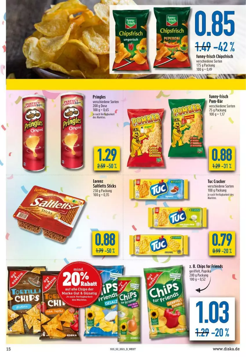 Aktueller Prospekt Diska - Prospekte - von 27.12 bis 31.12.2021 - strona 15 - produkty: chips, chipsfrisch, cracker, funny-frisch, paprika, pom-bär, pringles, ring, saltletts, Ti, tuc