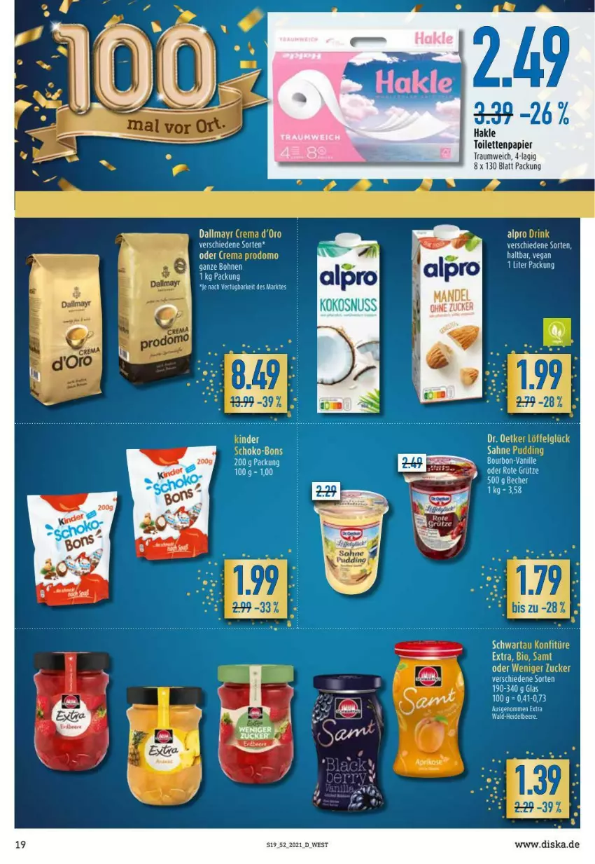 Aktueller Prospekt Diska - Prospekte - von 27.12 bis 31.12.2021 - strona 19 - produkty: Becher, bio, bourbon, dallmayr, hakle, hakle toilettenpapier, kokos, konfitüre, konfitüre extra, mandel, papier, prodomo, Schwartau, tee, Ti, toilettenpapier, vanille, zucker