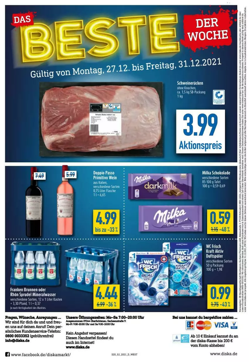 Aktueller Prospekt Diska - Prospekte - von 27.12 bis 31.12.2021 - strona 20 - produkty: Alwa, angebot, angebote, brunnen, deka, eis, ente, flasche, franken brunnen, kraft, LG, milka, milka schokolade, mineralwasser, rasen, schoko, schokolade, spee, Sprudel, tee, Ti, uhr, wasser, wc frisch, WC Frisch Kraft Aktiv