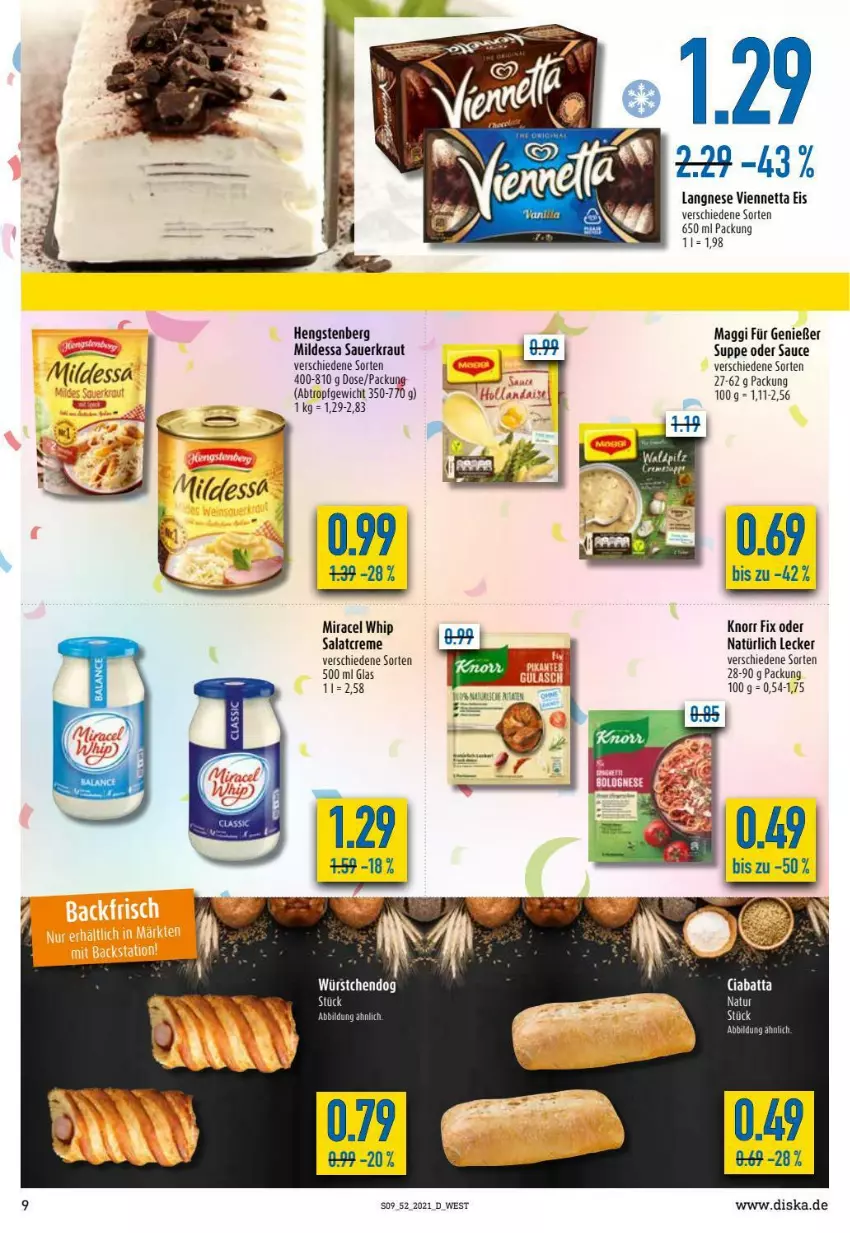 Aktueller Prospekt Diska - Prospekte - von 27.12 bis 31.12.2021 - strona 9 - produkty: auer, creme, eis, hengstenberg, knorr, knorr fix, Kraut, langnese, maggi, miracel, miracel whip, natur, salat, salatcreme, sauce, Sauerkraut, suppe, viennetta, würstchen