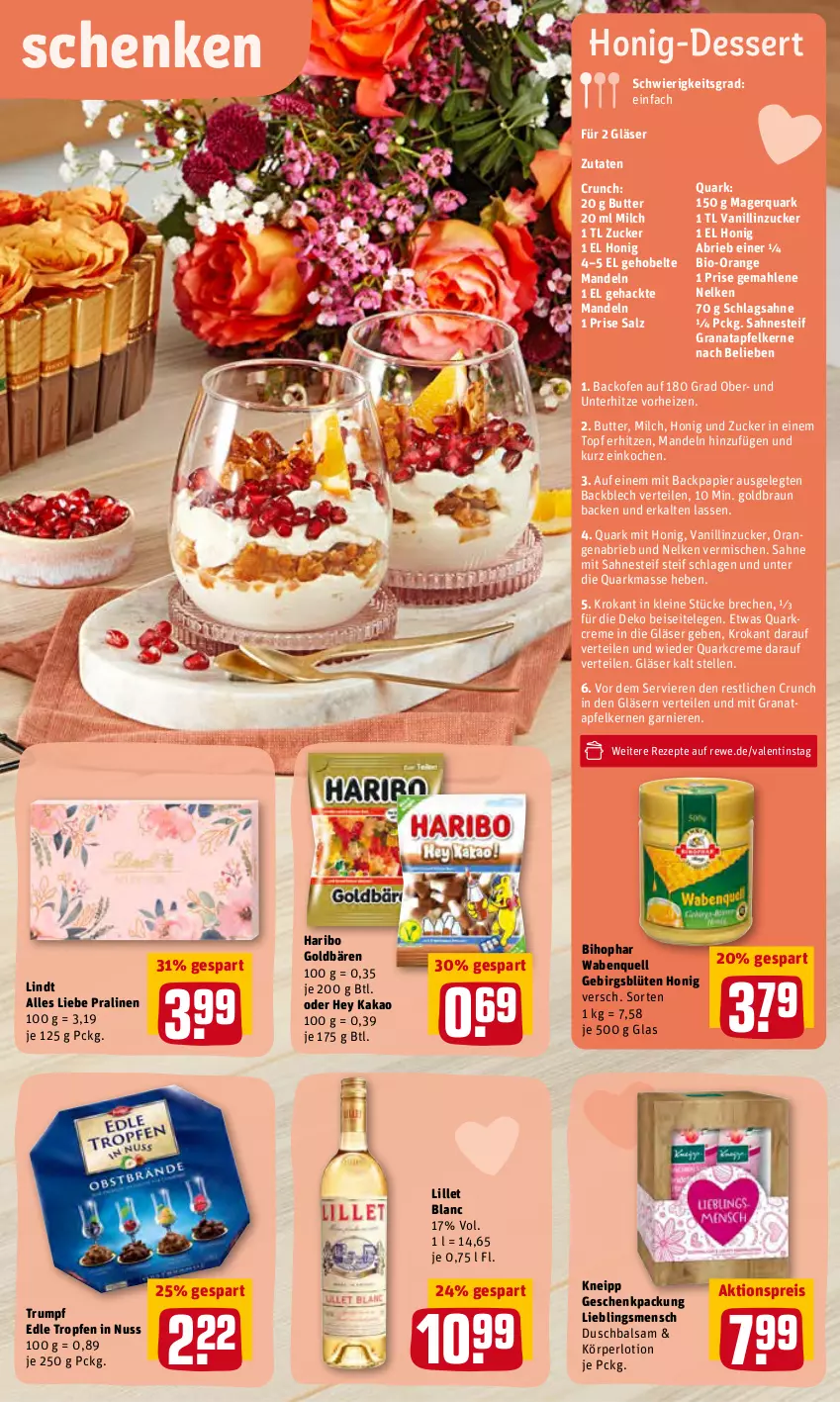 Aktueller Prospekt Rewe - Diese Woche im Angebot! - von 07.02 bis 12.02.2022 - strona 13 - produkty: aktionspreis, apfel, backofen, balsam, bihophar, bio, Blüte, braun, brie, butter, creme, dessert, eis, elle, garnier, geschenkpackung, Gläser, goldbären, grana, granatapfel, granatapfelkerne, haribo, honig, kakao, kneipp, Körperlotion, leine, lillet, lindt, Lotion, mandel, mandeln, milch, nuss, Ofen, orange, orangen, papier, pralinen, quark, Rana, reis, rezept, rezepte, rum, sahne, sahnesteif, salz, schlagsahne, Ti, topf, zucker