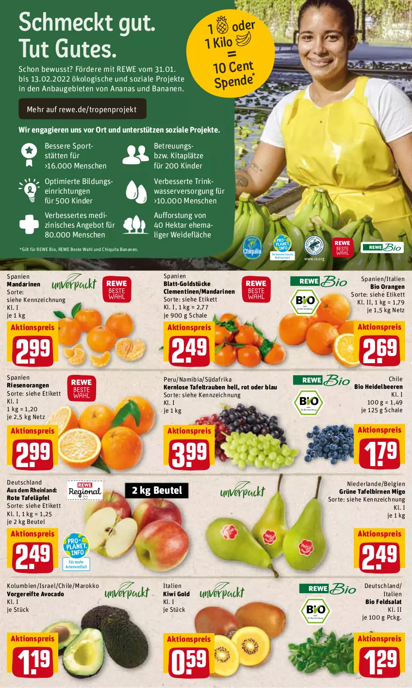 Aktueller Prospekt Rewe - Diese Woche im Angebot! - von 07.02 bis 12.02.2022 - strona 2 - produkty: aktionspreis, ananas, angebot, avocado, banane, bananen, Bau, beere, beeren, beutel, bio, Birnen, chiquita, clementinen, eis, feldsalat, Goldstücke, heidelbeere, heidelbeeren, Kinder, kiwi, Kiwi Gold, LG, mandarine, mandarinen, orange, orangen, reis, rewe beste wahl, rewe bio, rote tafeläpfel, salat, Schal, Schale, Sport, tafeläpfel, tafelbirnen, tafeltrauben, Ti, trauben, wasser