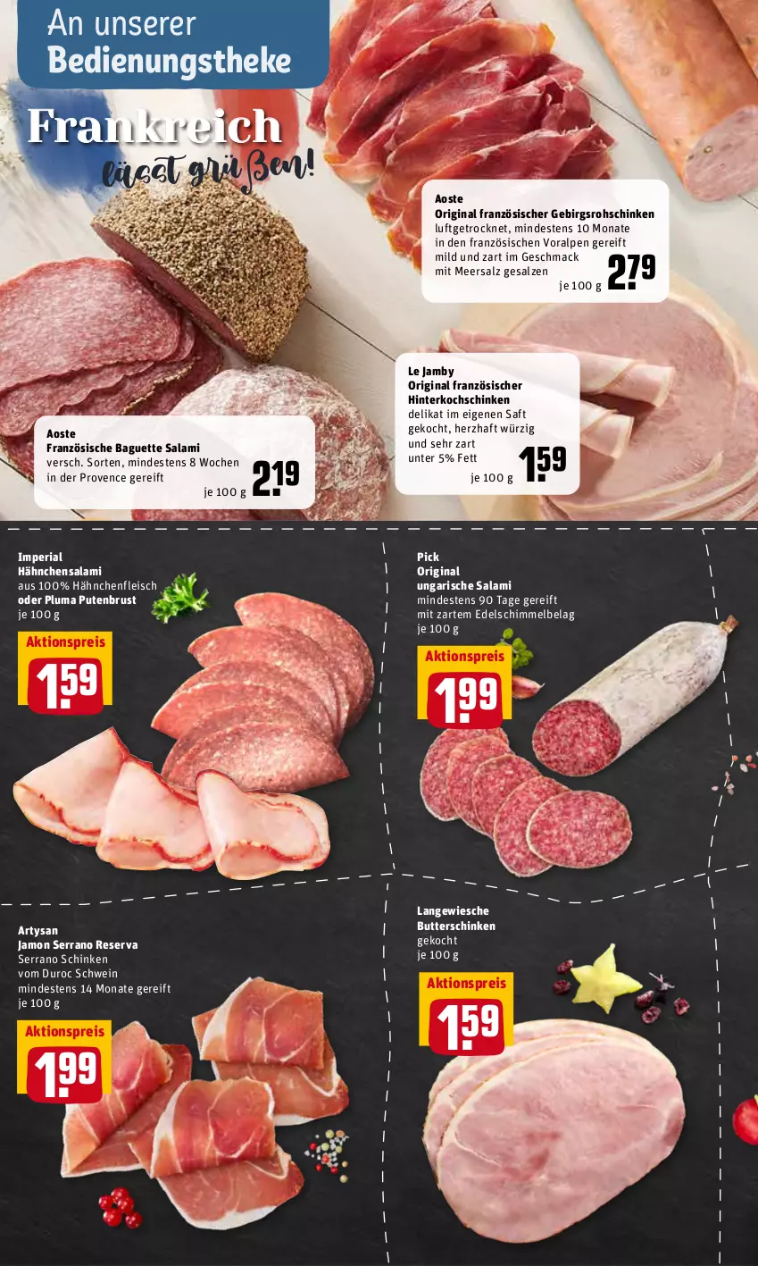 Aktueller Prospekt Rewe - Diese Woche im Angebot! - von 07.02 bis 12.02.2022 - strona 6 - produkty: aktionspreis, baguette, butter, eis, fleisch, gin, Hähnchenfleisch, hinterkochschinken, kochschinken, mac, meersalz, pute, putenbrust, reis, Ria, rohschinken, saft, salami, salz, schinken, schwein, serrano, serrano schinken, Ti, Ungarische Salami, wein