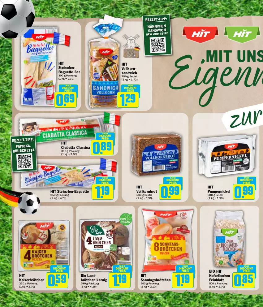 Aktueller Prospekt Hit - Wochenprospekt - von 10.06 bis 15.06.2024 - strona 16 - produkty: auer, baguette, beutel, bio, bio hit, brot, brötchen, ciabatta, discount, eis, hafer, haferflocken, Kaiser, korn, Kornbrot, Ofen, Pumpernickel, reis, sandwich, Sonntagsbrötchen, steinofen, Steinofen-Baguette, vollkornbrot, Yo