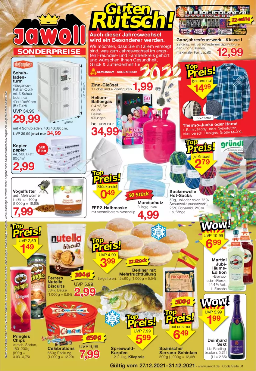 Aktueller Prospekt Jawoll - Prospekte - von 26.12 bis 31.12.2021 - strona 1 - produkty: angebot, angebote, ball, berliner, beutel, brunnen, chips, dekoration, eimer, eis, erde, ferrero, FFP2, flasche, frucht, Gesundheit, hemd, Jacke, Jubiläums, kopierpapier, Löffel, martini, Maske, mehl, nutella, papier, pringles, reis, riesling, ring, rwe, schinken, schubladen, Schubladenturm, sekt, serrano, socken, Ti, Vogelfutter, wolle